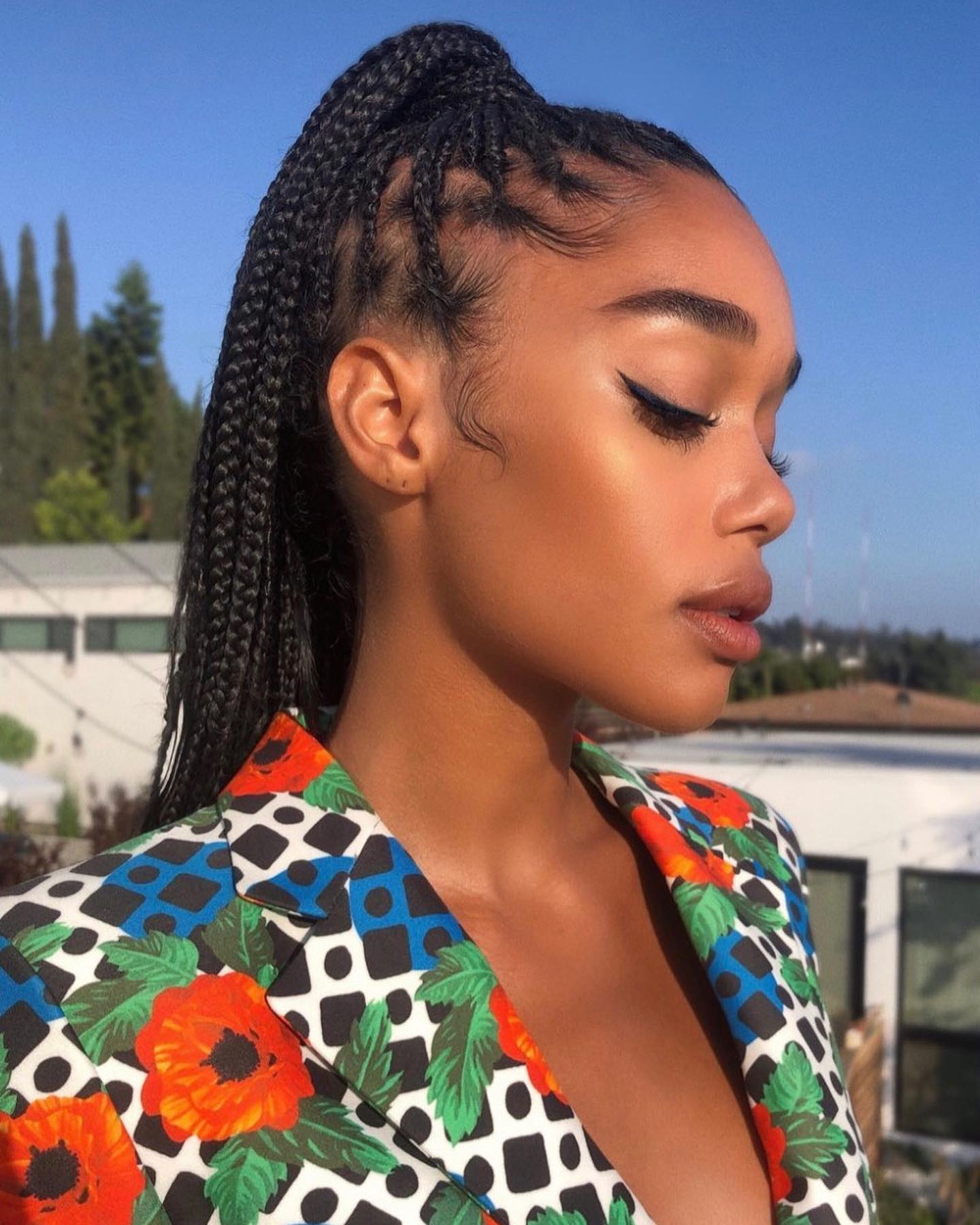 Photo of Laura Harrier wearing a braided ponytail