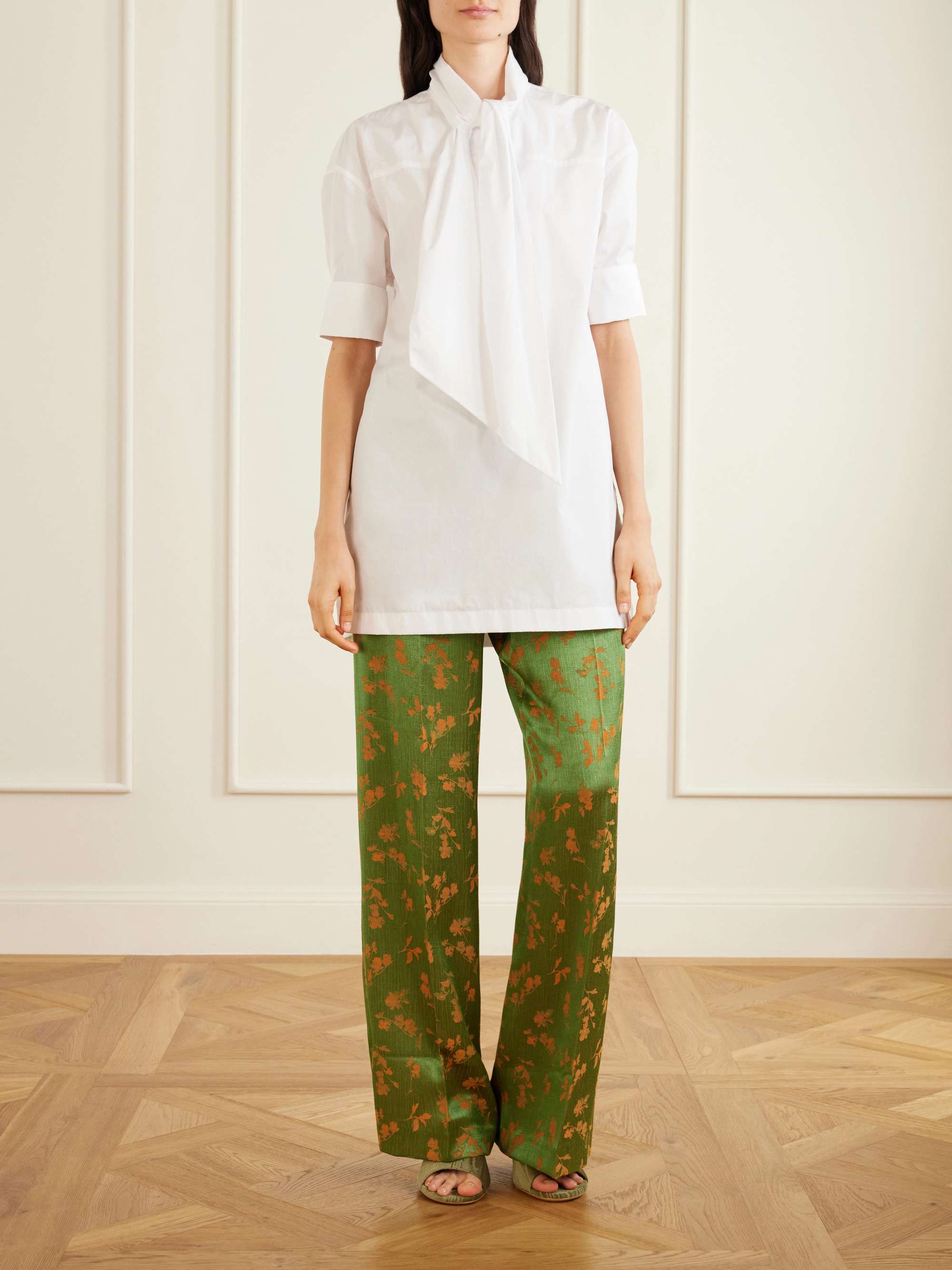 Floral-Jacquard Satin Wide-Leg Pants