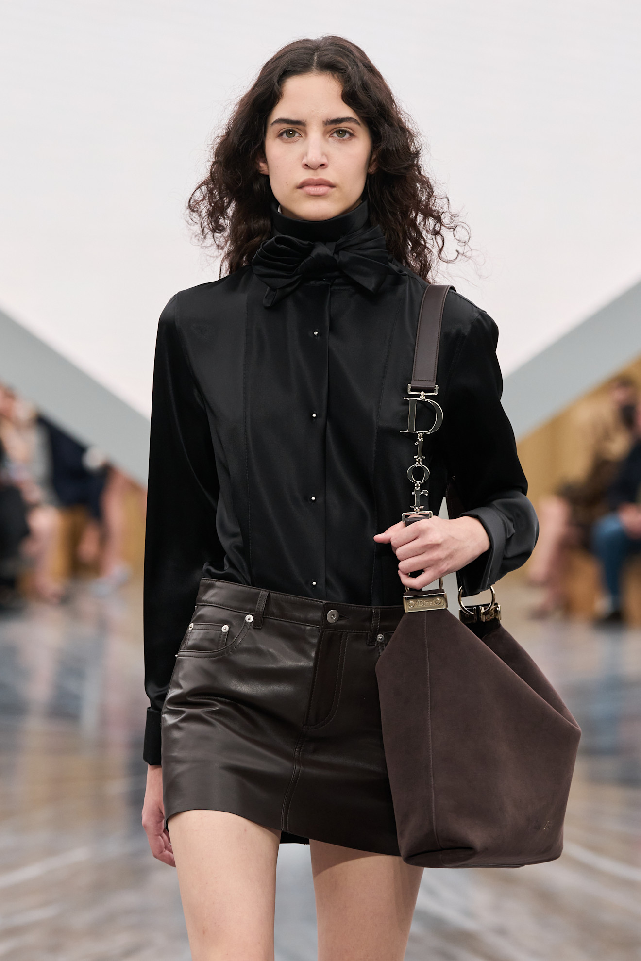a model carries the dior diorly bag on the runway.