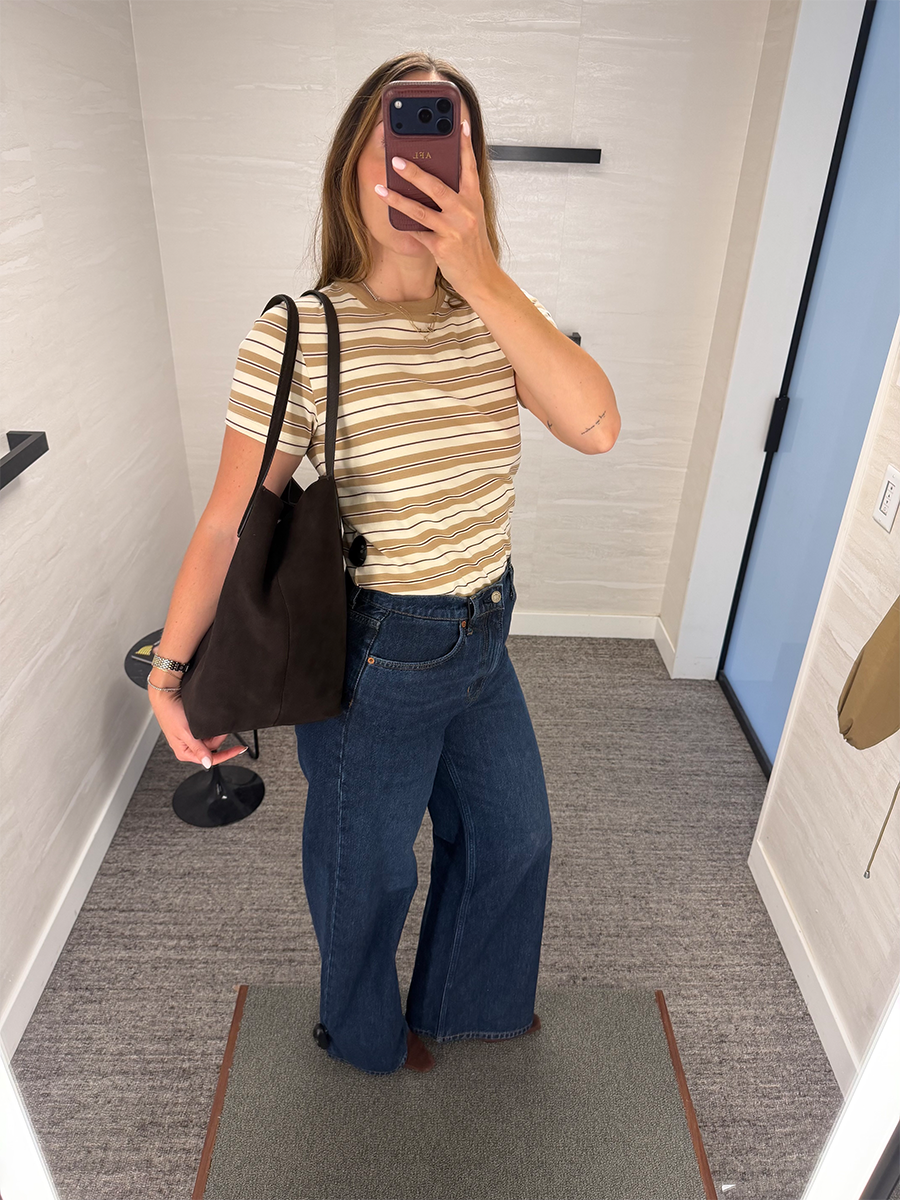 Anna LaPlaca trying on fall fashion items from the Nordstrom Anniversary Sale