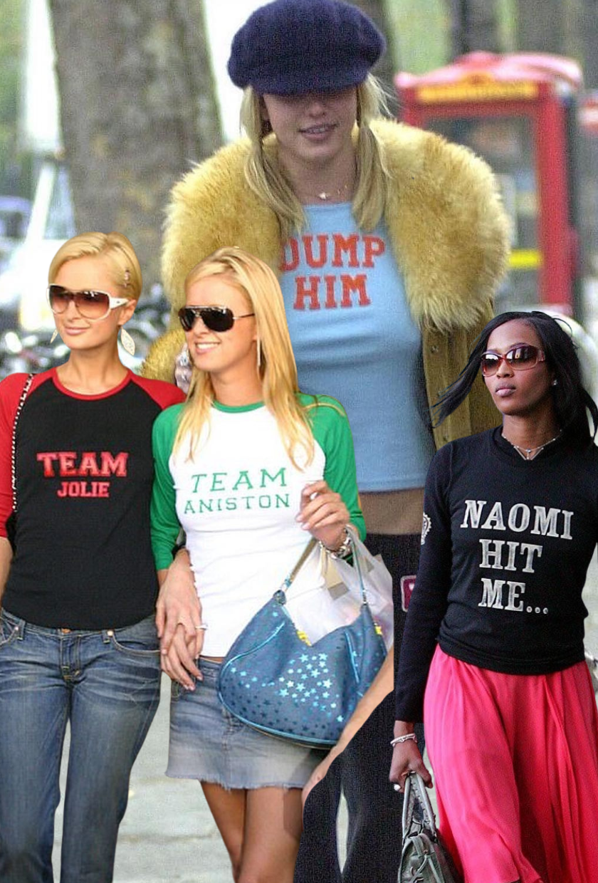 Britney Spears, Paris and Nicky Hilton and Naomi Campbell wear graphic t-shirts in the 2000s. These are the dump him t-shirt, 