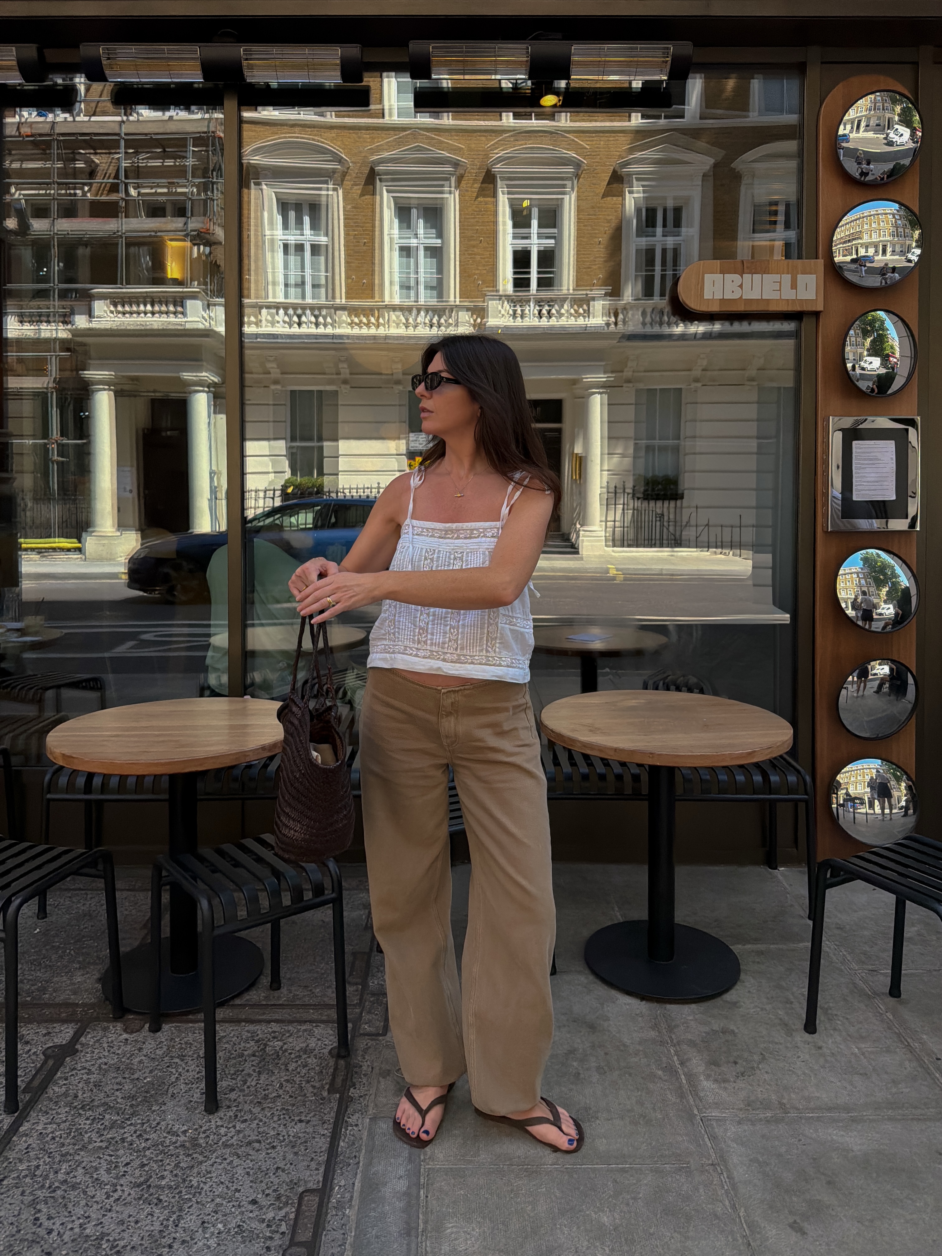 Francesca Saffari wearing brown denim.