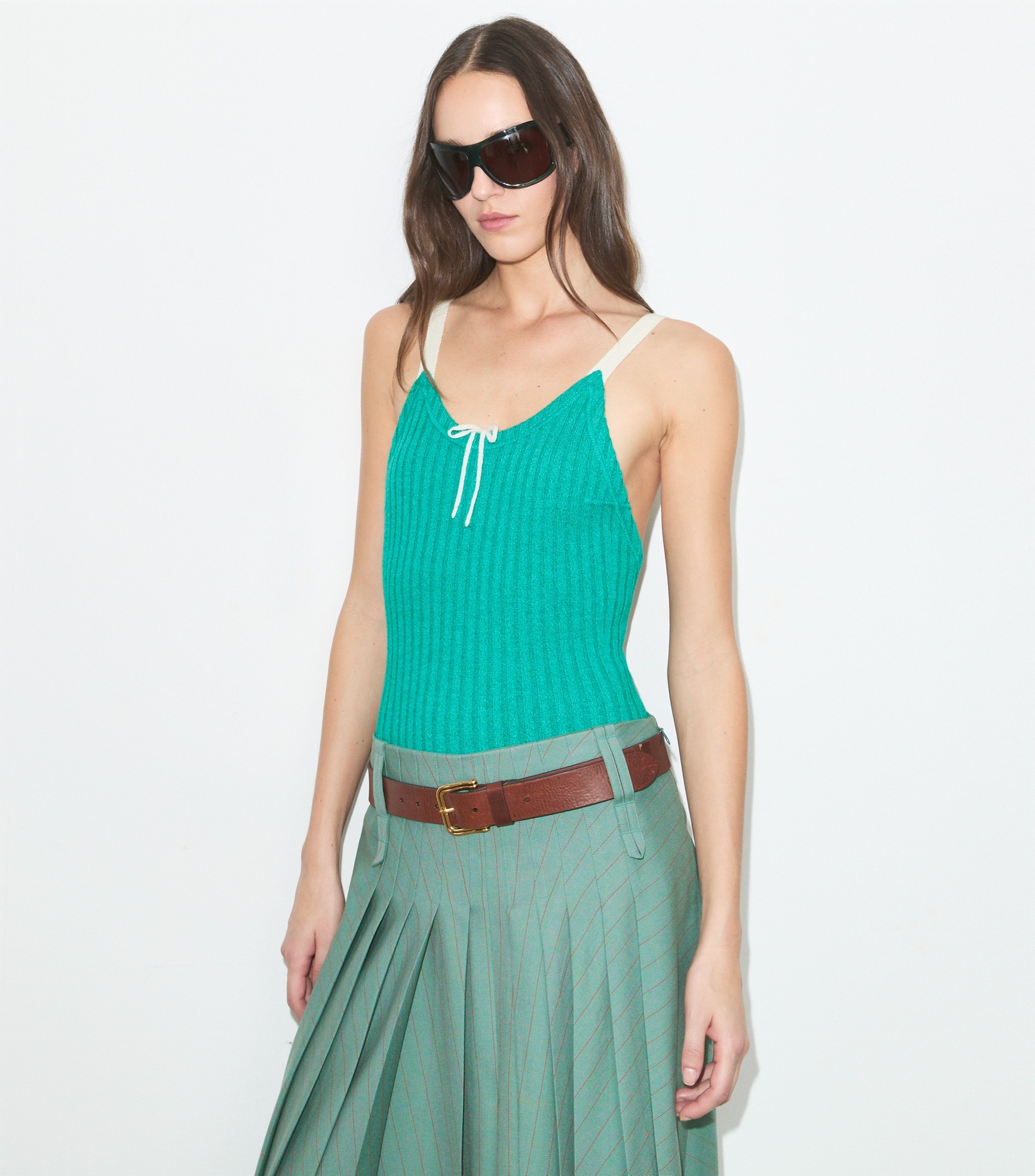 Colorblock Ribbed Bodysuit in Green, Size Xxs