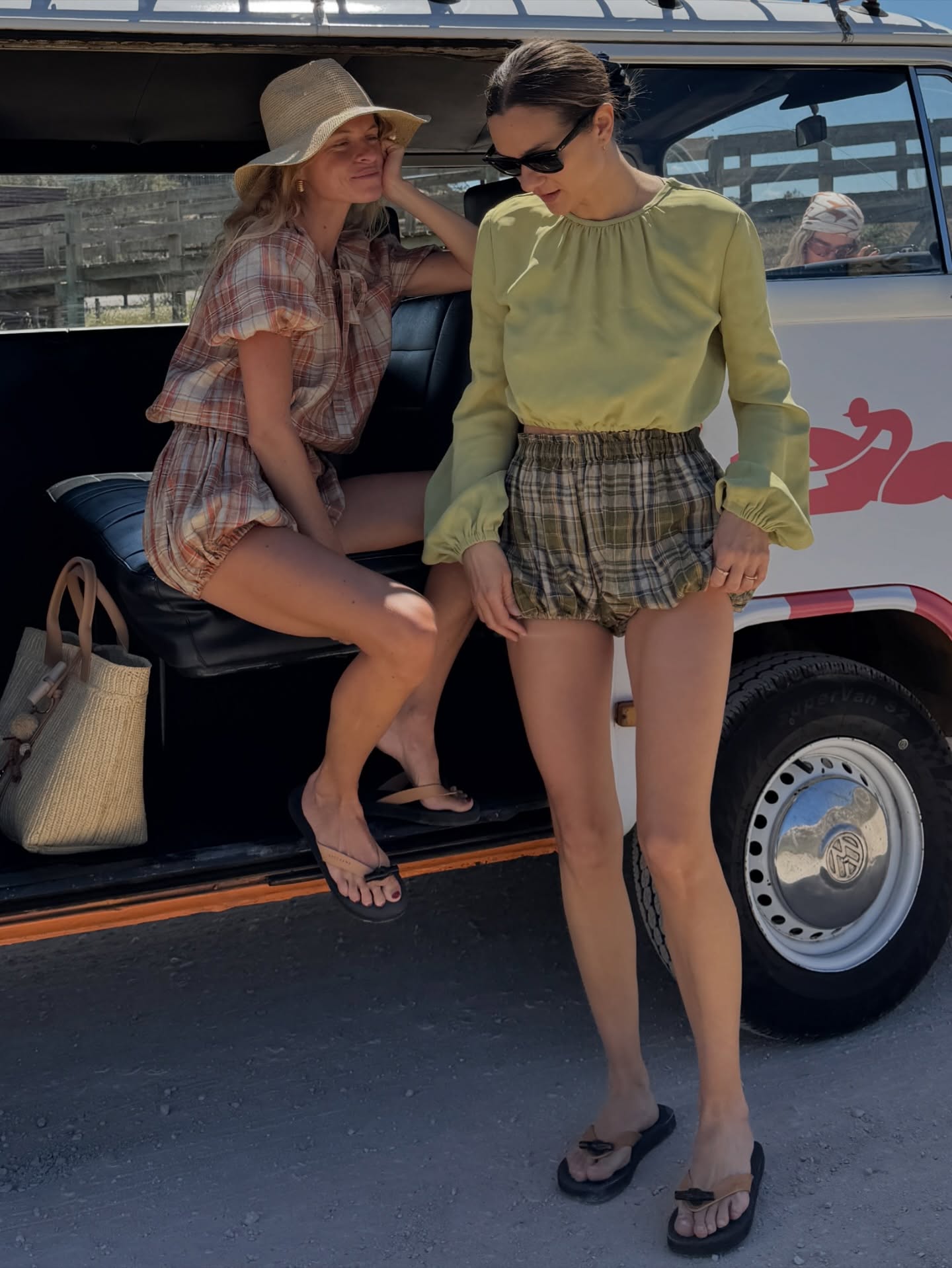 An image of @annelauremais and @alicepilate wearing check balloon shorts.