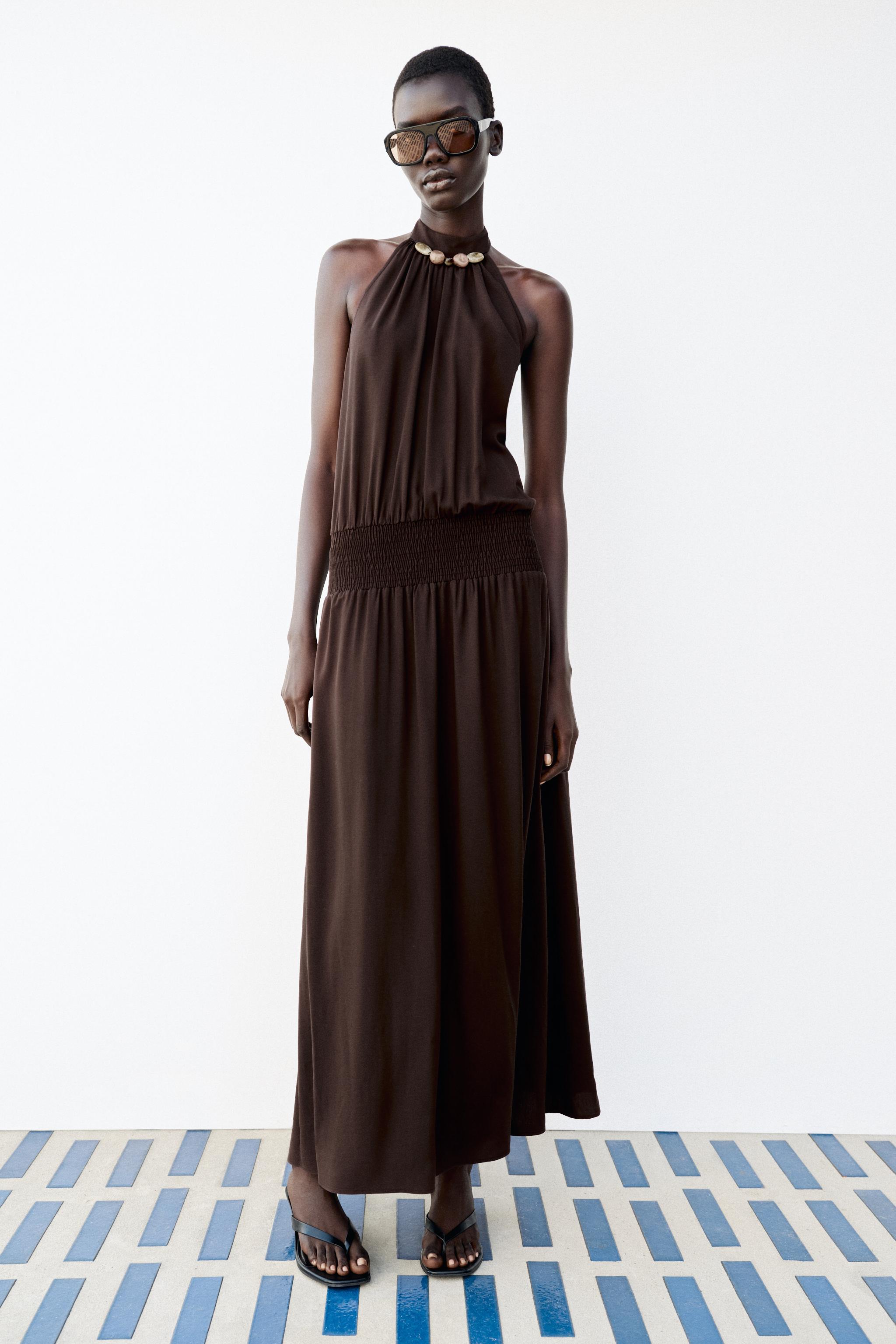 Beaded Halter Dress - Brown - Xs