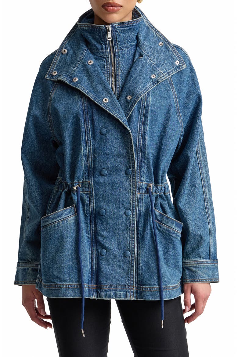 Double Breasted Stretch Denim Jacket With Bib Inset