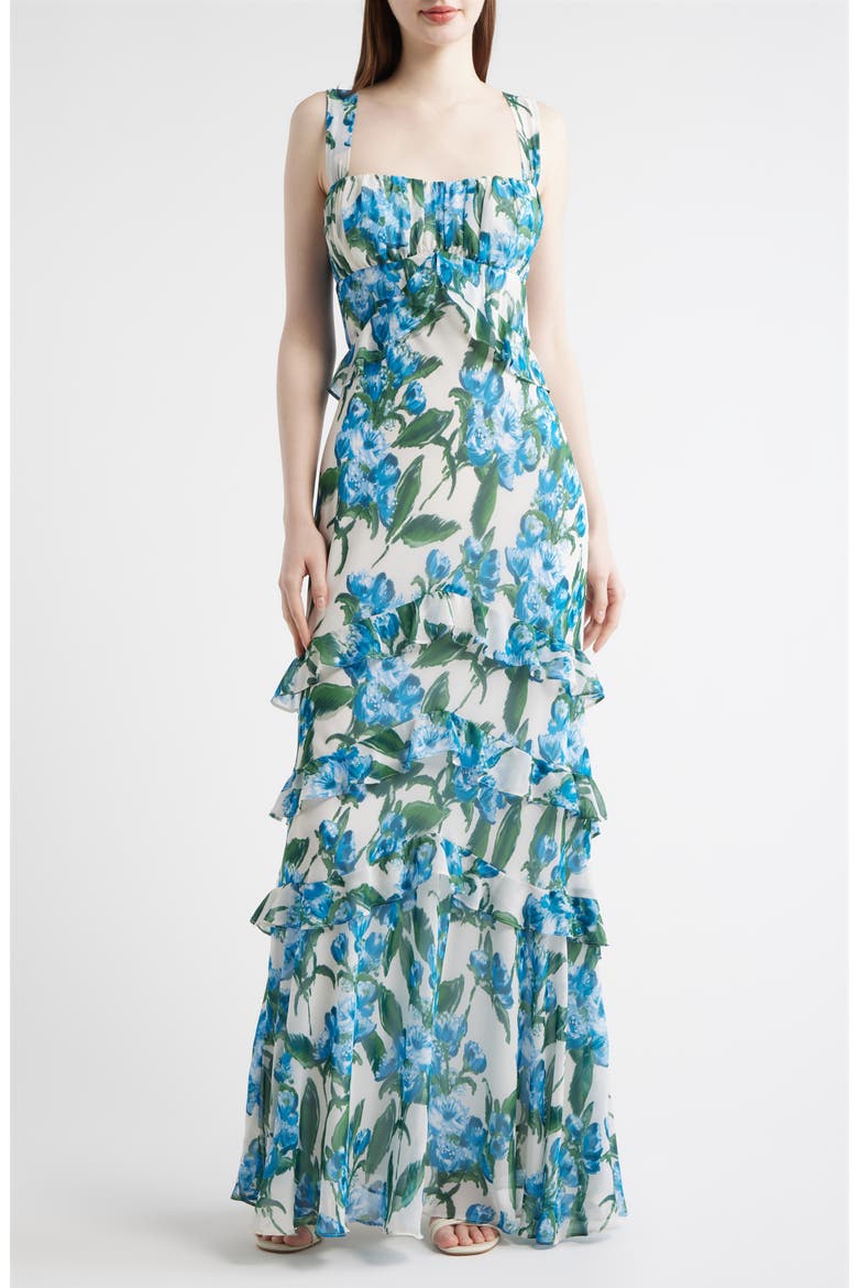 Floral Ruffle Empire Waist Chiffon Gown