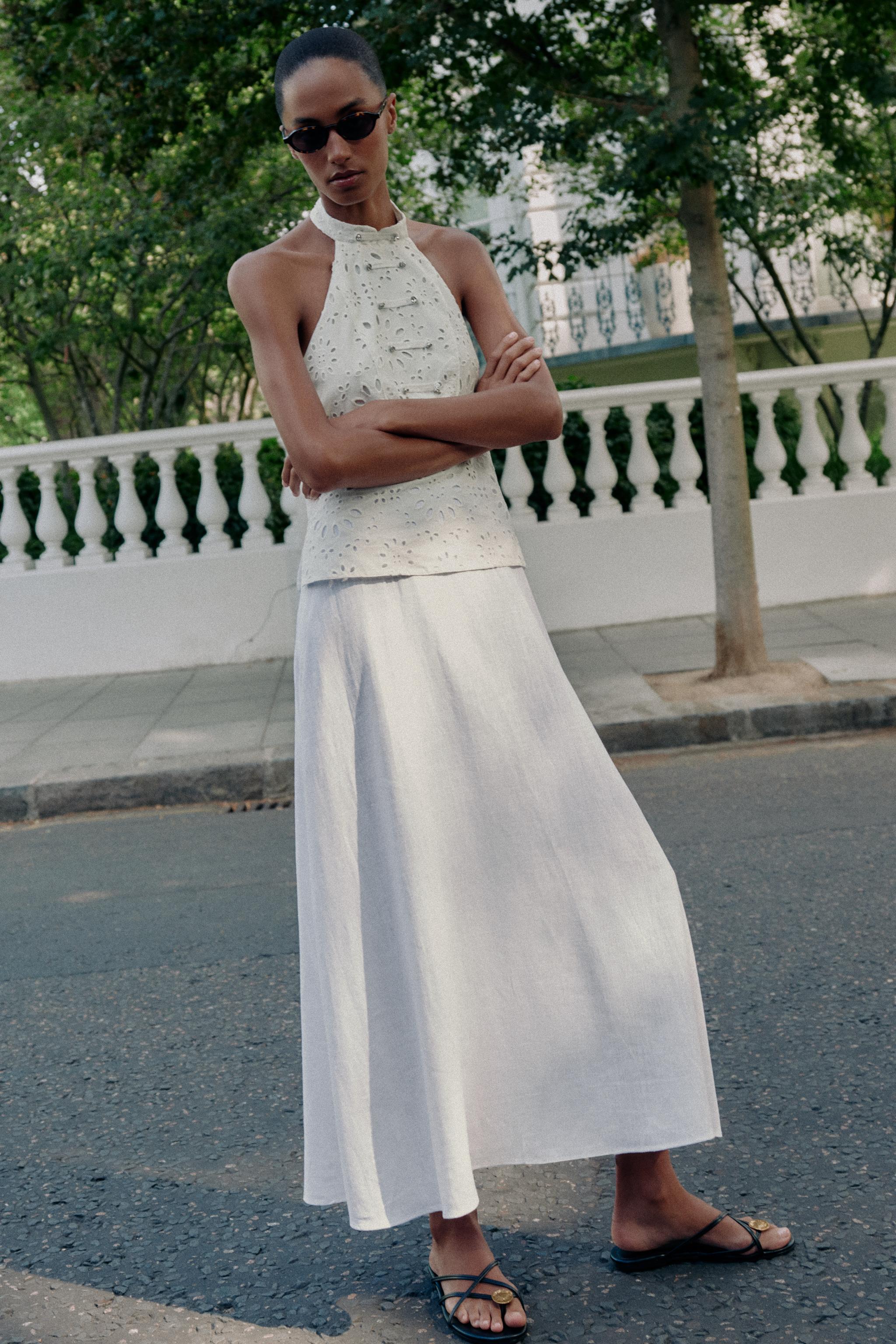 ZARA Combined Openwork Embroidered Dress - White - Xs