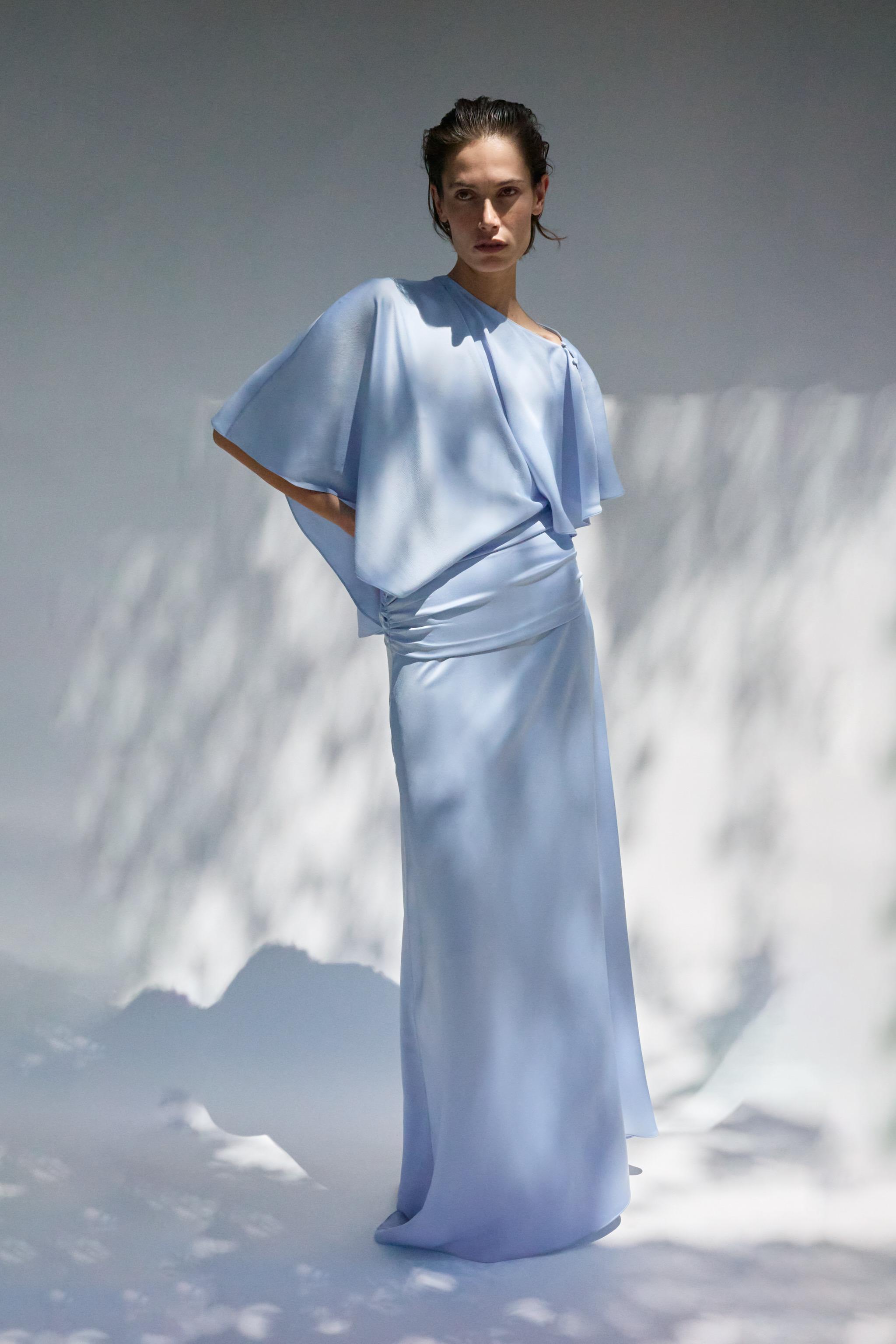 Asymmetric Cape Satin Dress - Light Blue - Xs