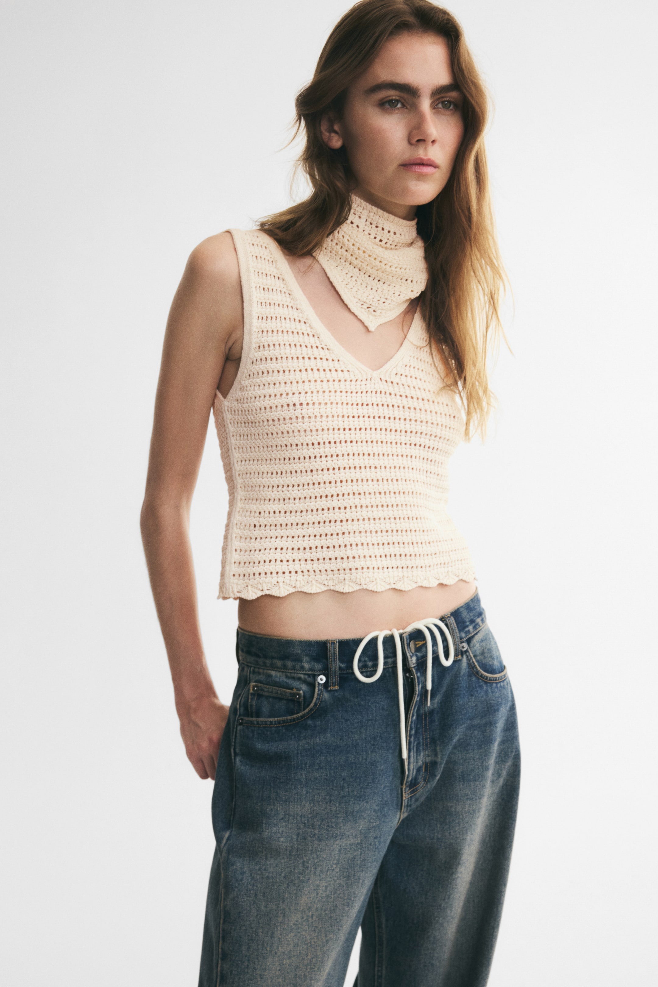 Pointelle-Knit Top With Scarf