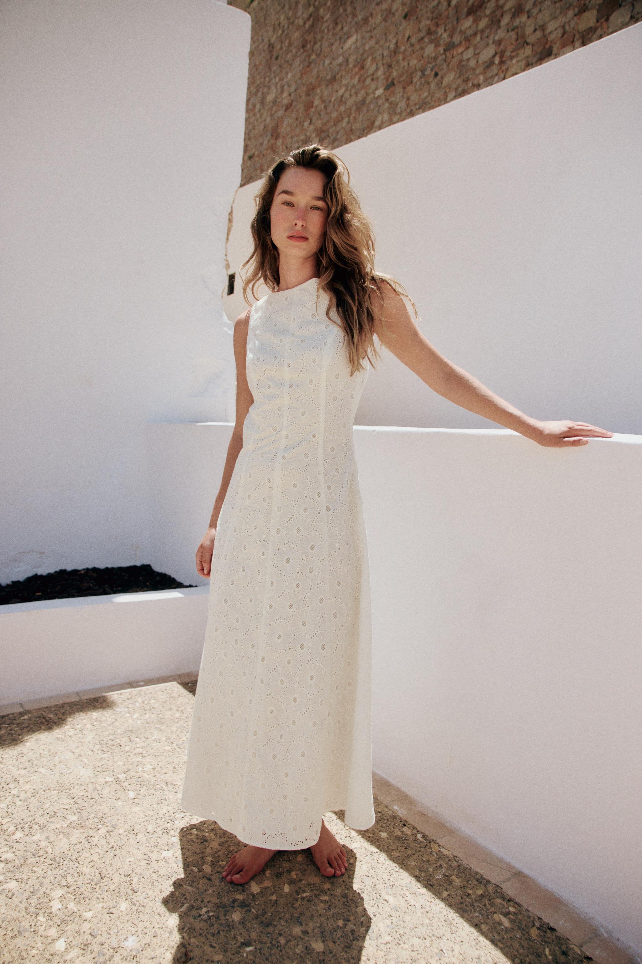 Midi Dress With Cutwork Embroidery - White - Xs