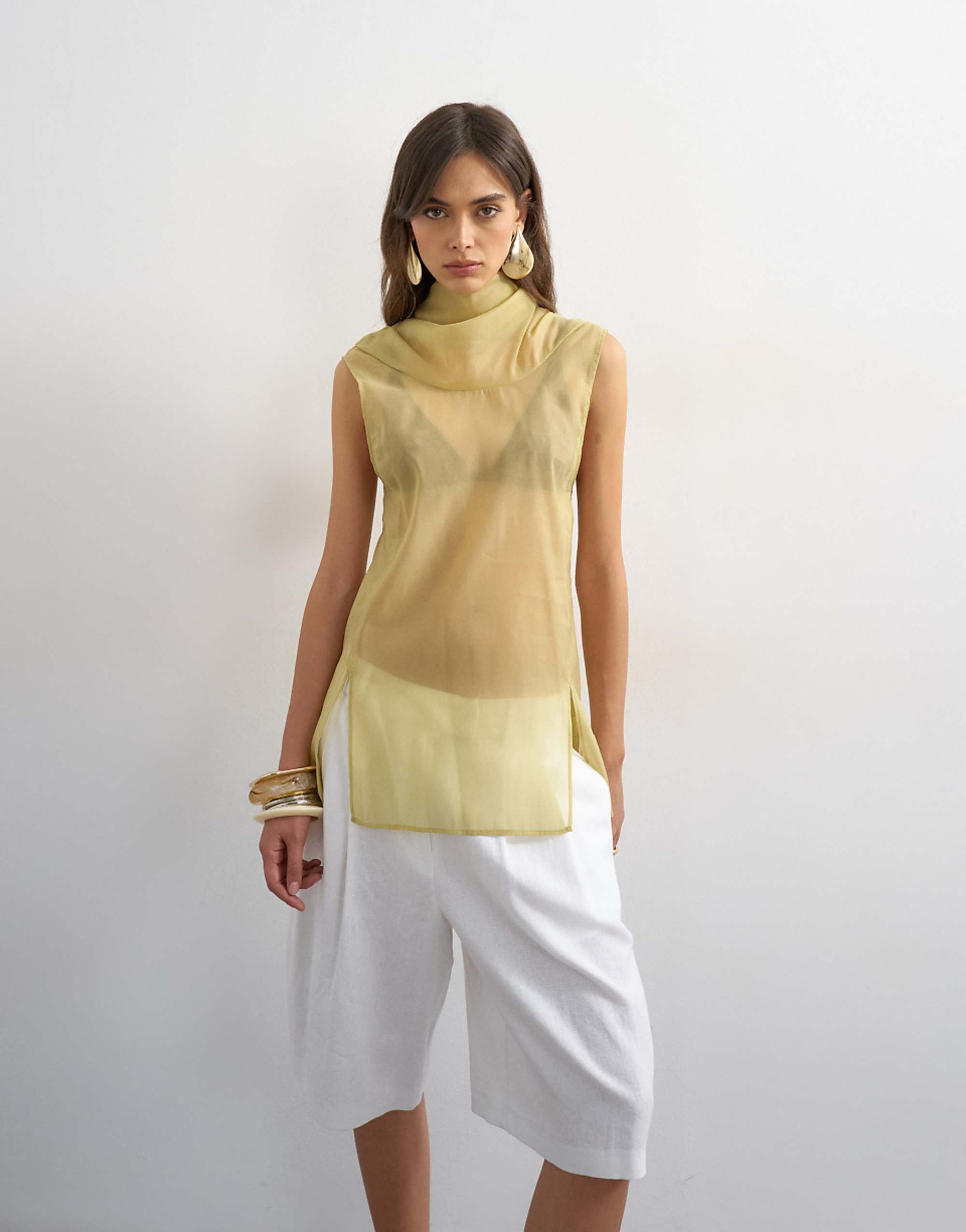 Topshop Organza Collapsed Funnel Neck Top in Muted Lime