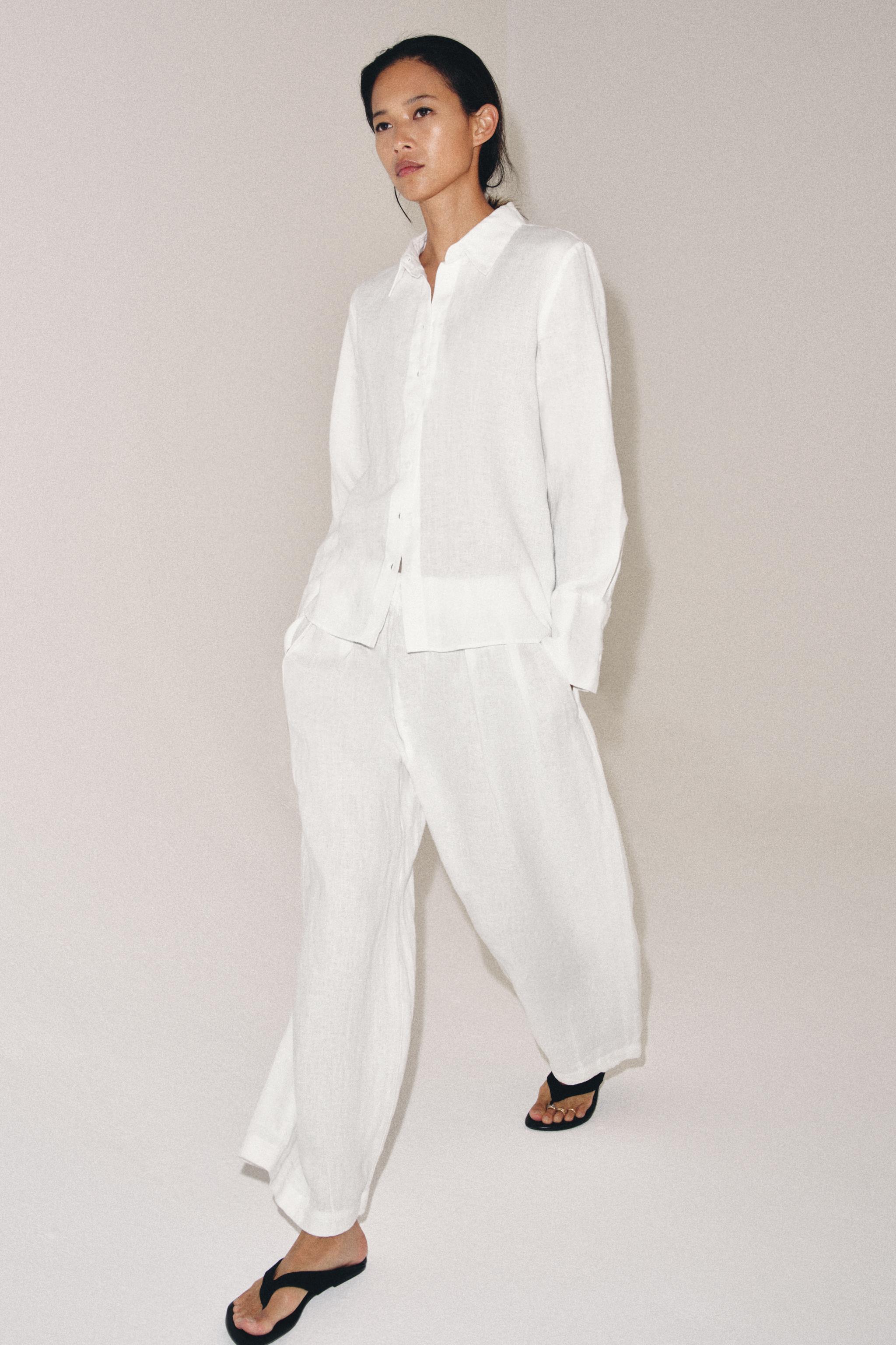 100% Linen Pleated Trousers Zw Collection - White - Xs