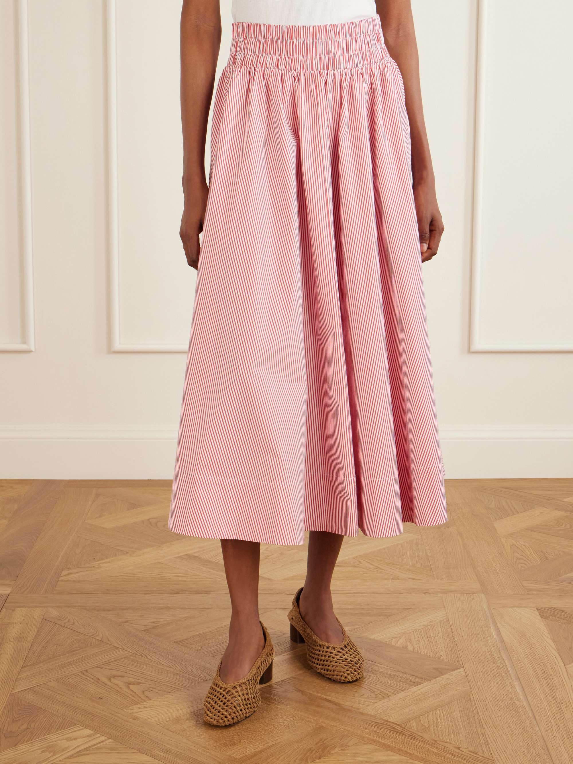 Kyria Shirred Striped Cotton-Poplin Midi Skirt