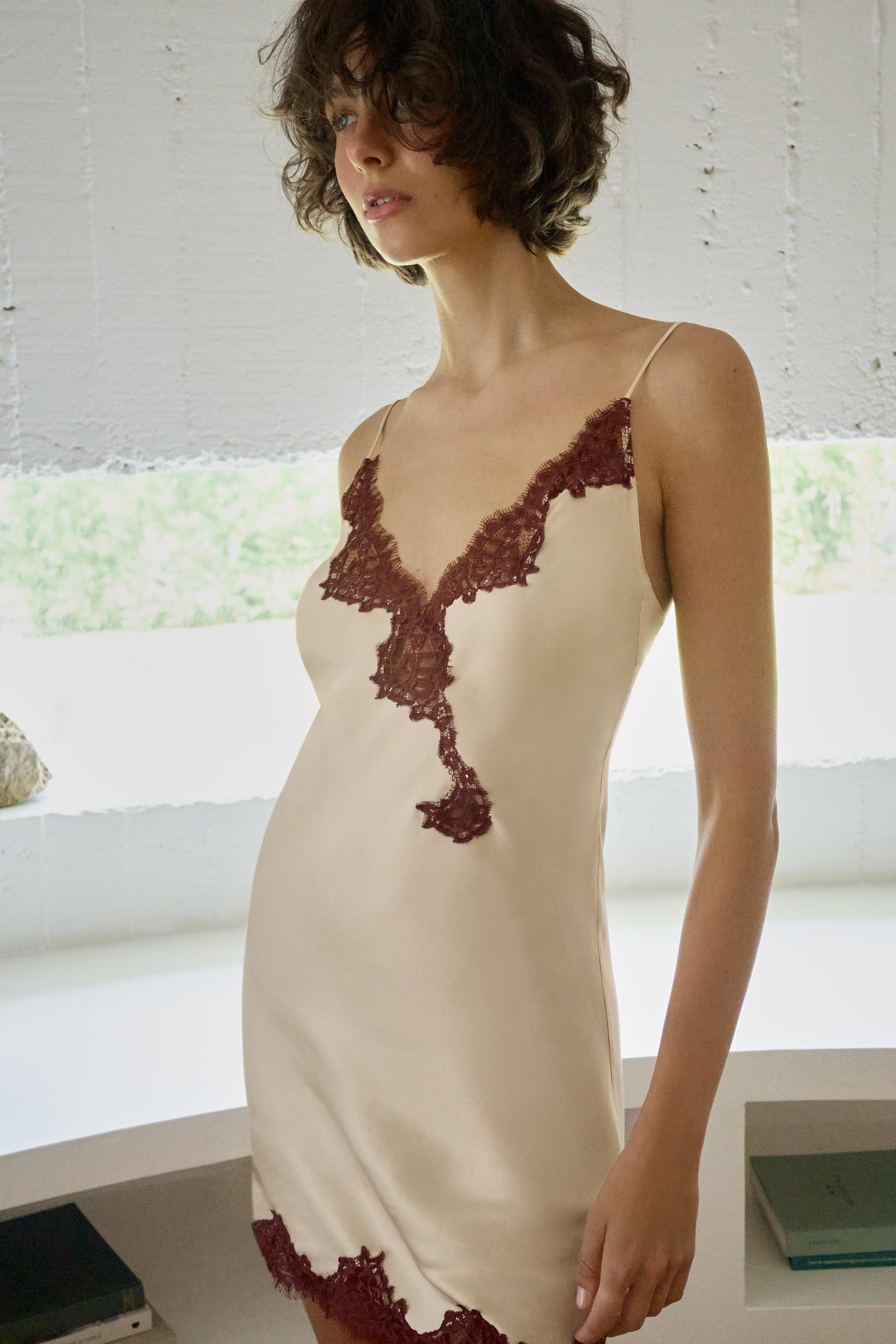 Satin Camisole Dress With Lace - White - Xs