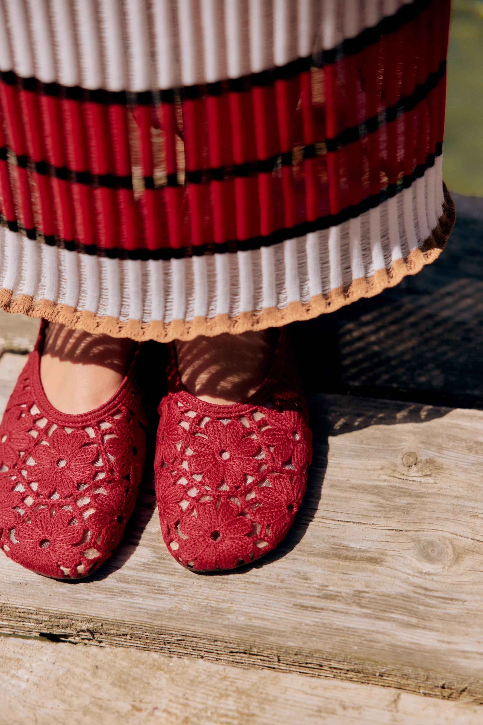 Floral Crochet Ballet Flats - Red - 5
