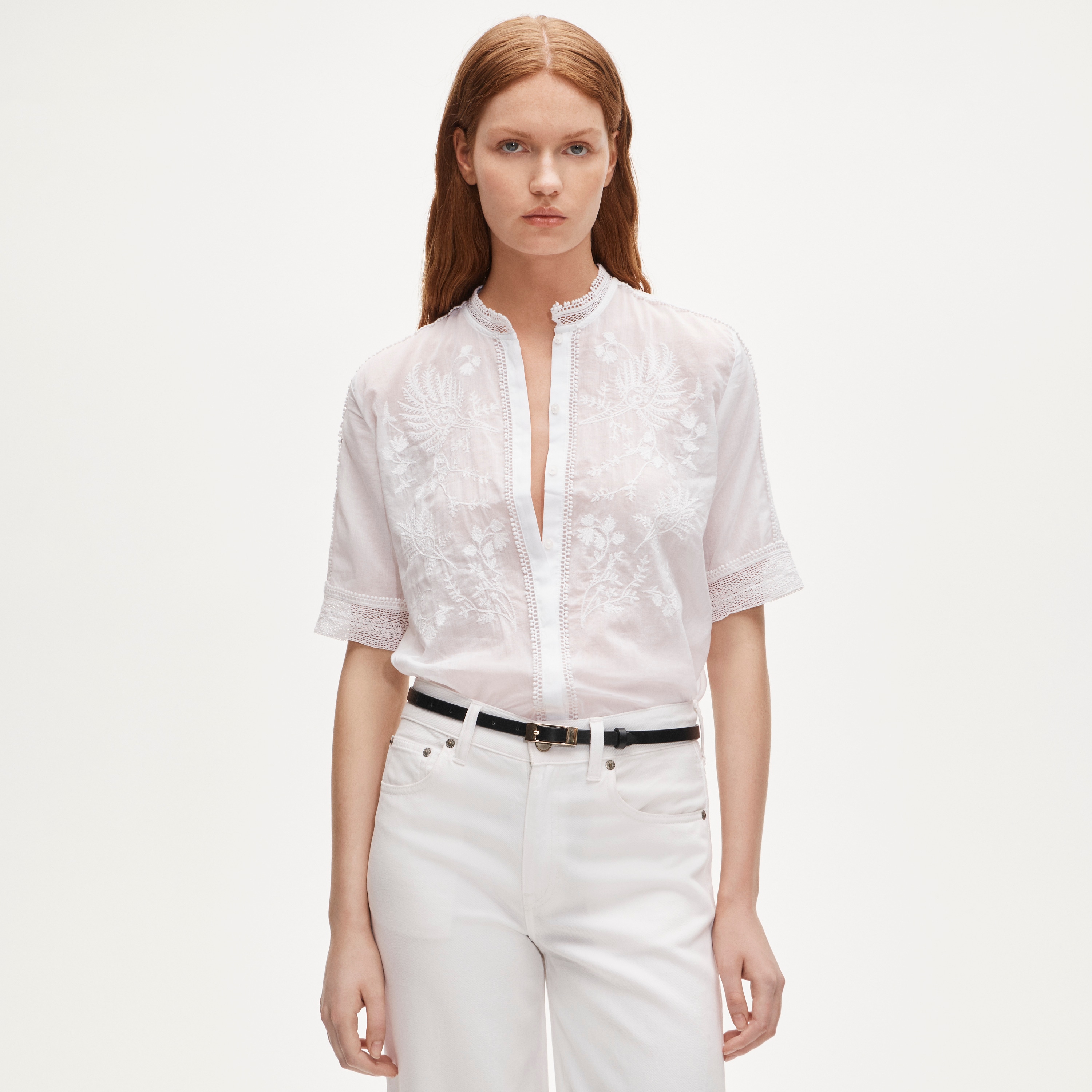 Embroidered Lace-Trim Button-Up Shirt