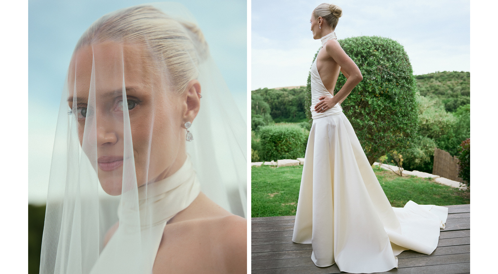 Collage of Karoline in her wedding dress.