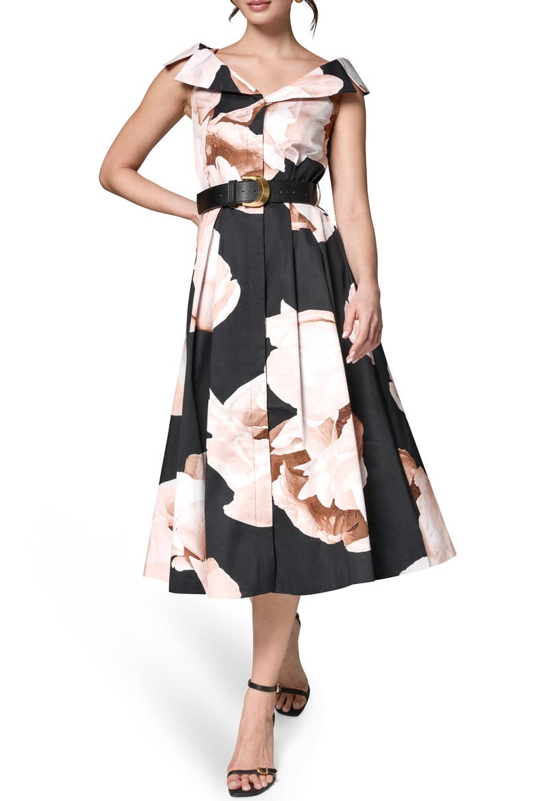 Floral Belted Stretch Fit & Flare Midi Dress