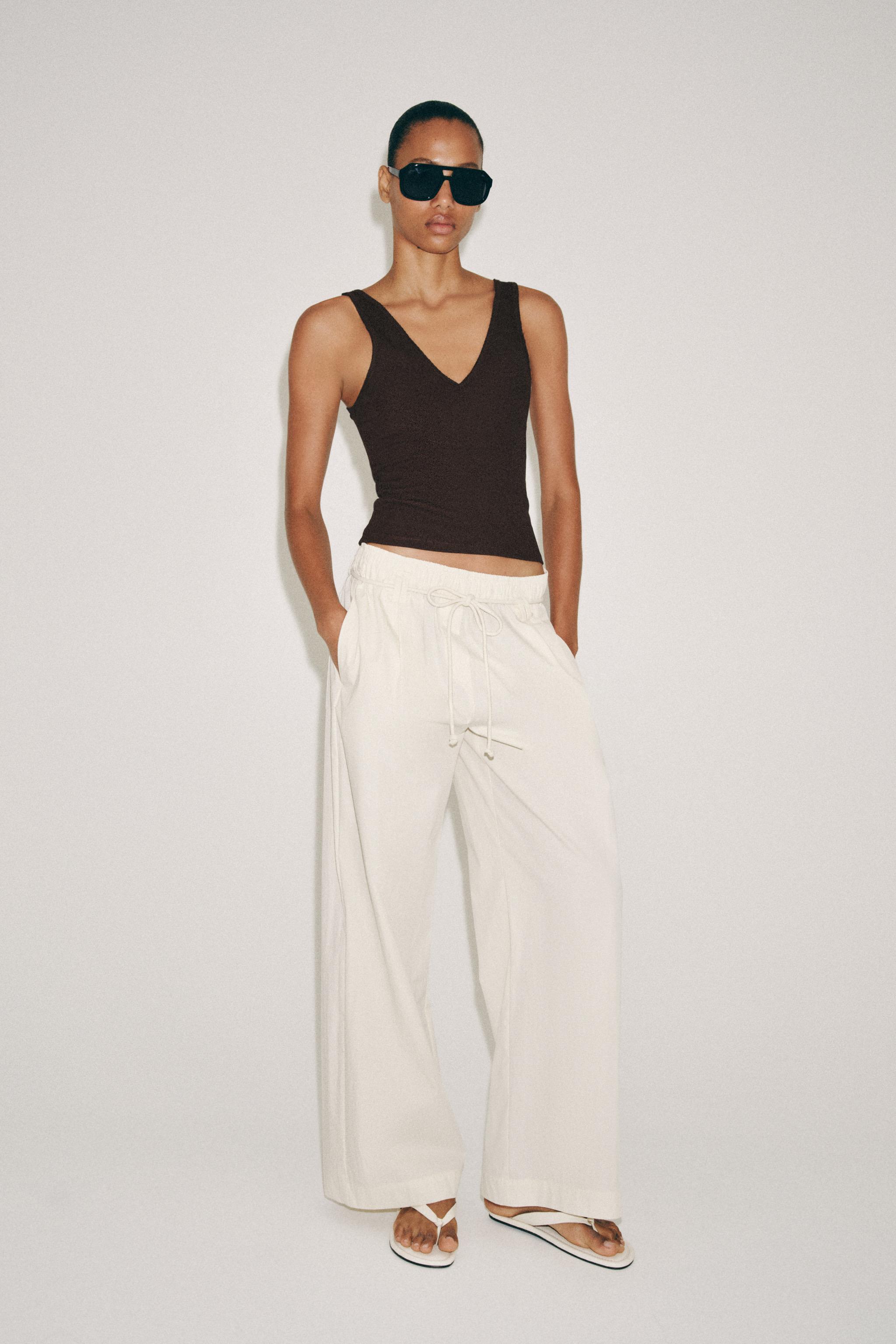 Rib V-Neck Top - Brown - S