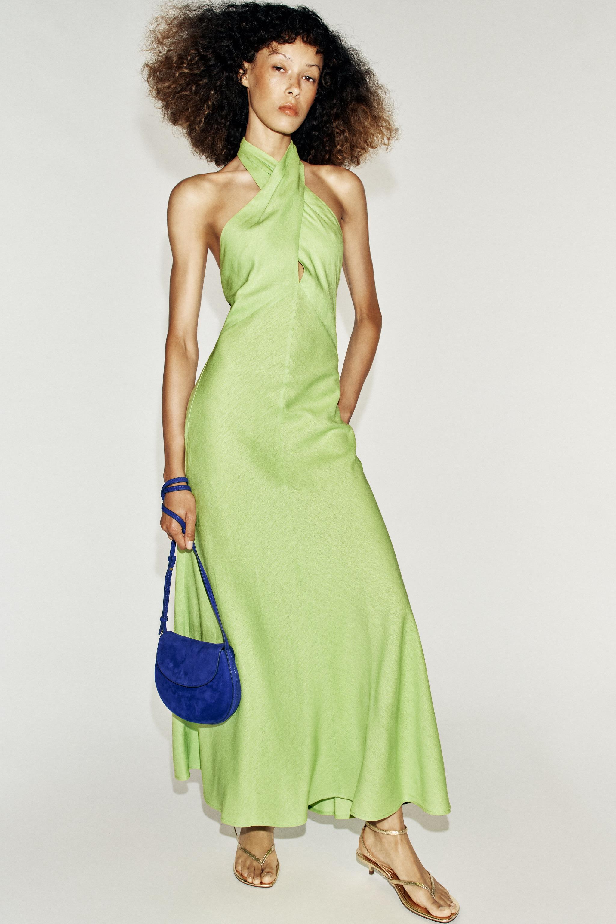Linen Midi Halter Dress - Lime Green - Xs
