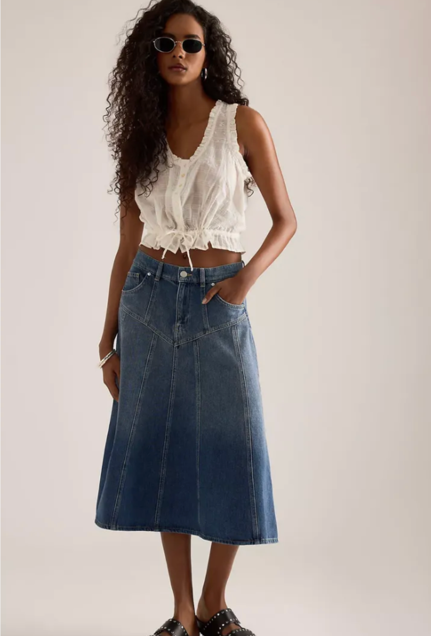 Anthropologie, Seamed Denim Midi Skirt
