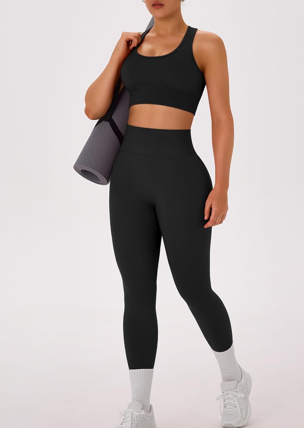 OLCHEE, Olchee Womens Workout Sets 2 Piece - Acid Wash Seamless Yoga Outfits High Waist Leggings Padded Racerback Sports Bra Gym Set - Solid Black Medium