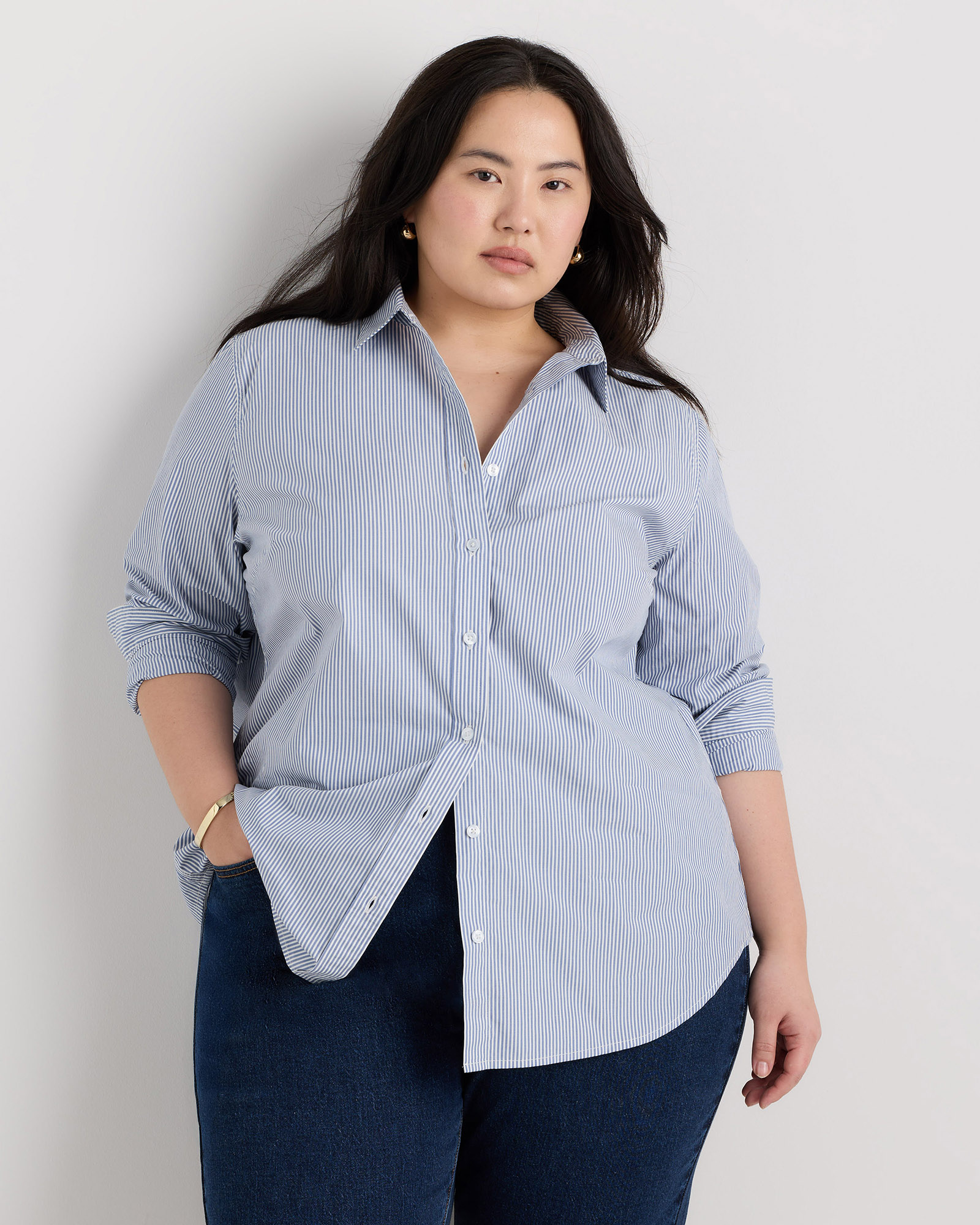 100% Organic Cotton Poplin Long Sleeve Shirt - Plus Size in Light Blue Stripe