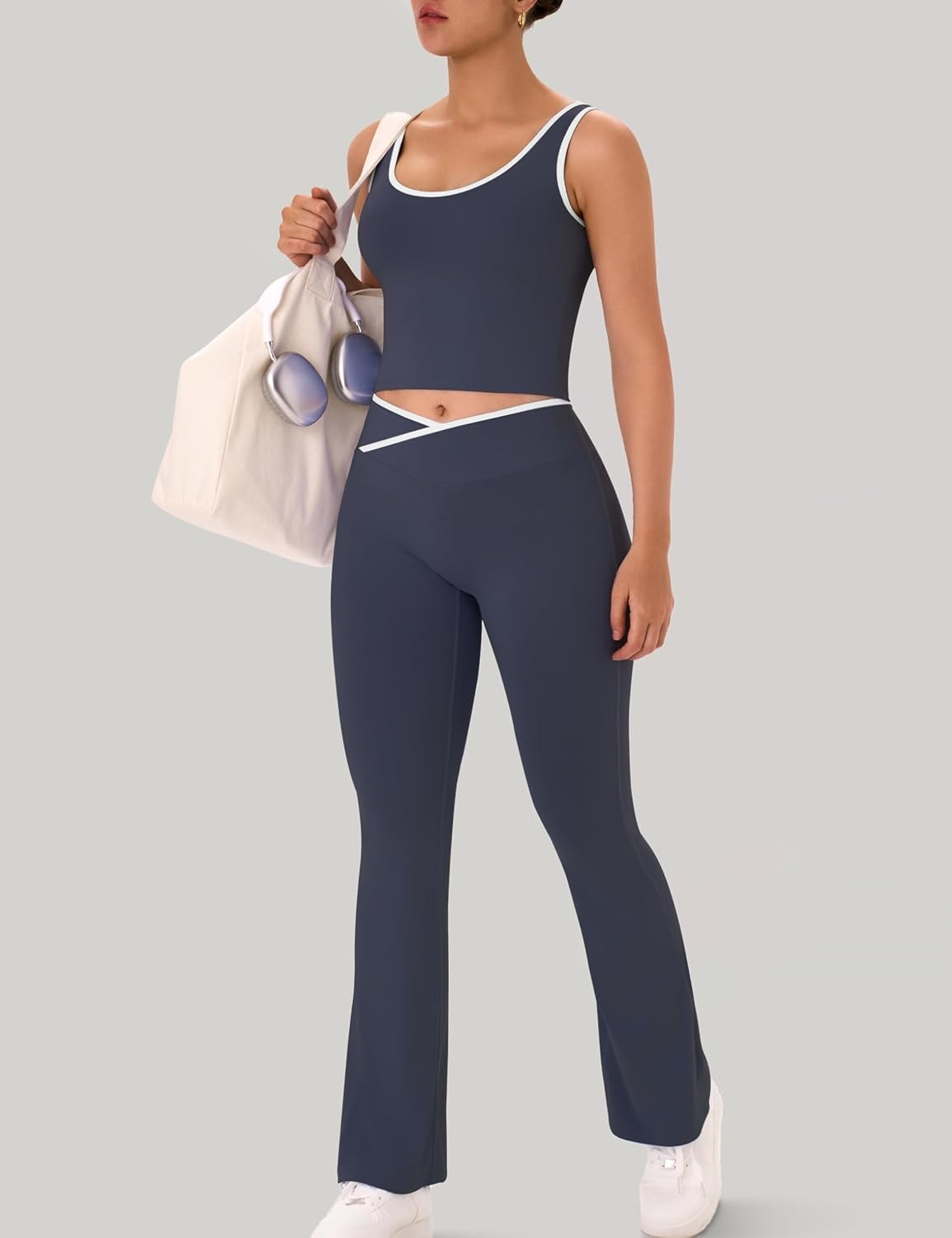 OLCHEE, 2 Piece Gym Yoga Outfits Crossover Flare Leggings and Crop Tank Top With Contrast Trim