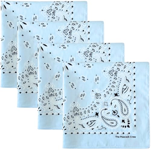 The Peacock Crew 4 Pack Sky Blue Paisley Bandanas (22x22 Inch) - Cotton Handkerchiefs for Men & Women - Light Baby Blue Pastel Set