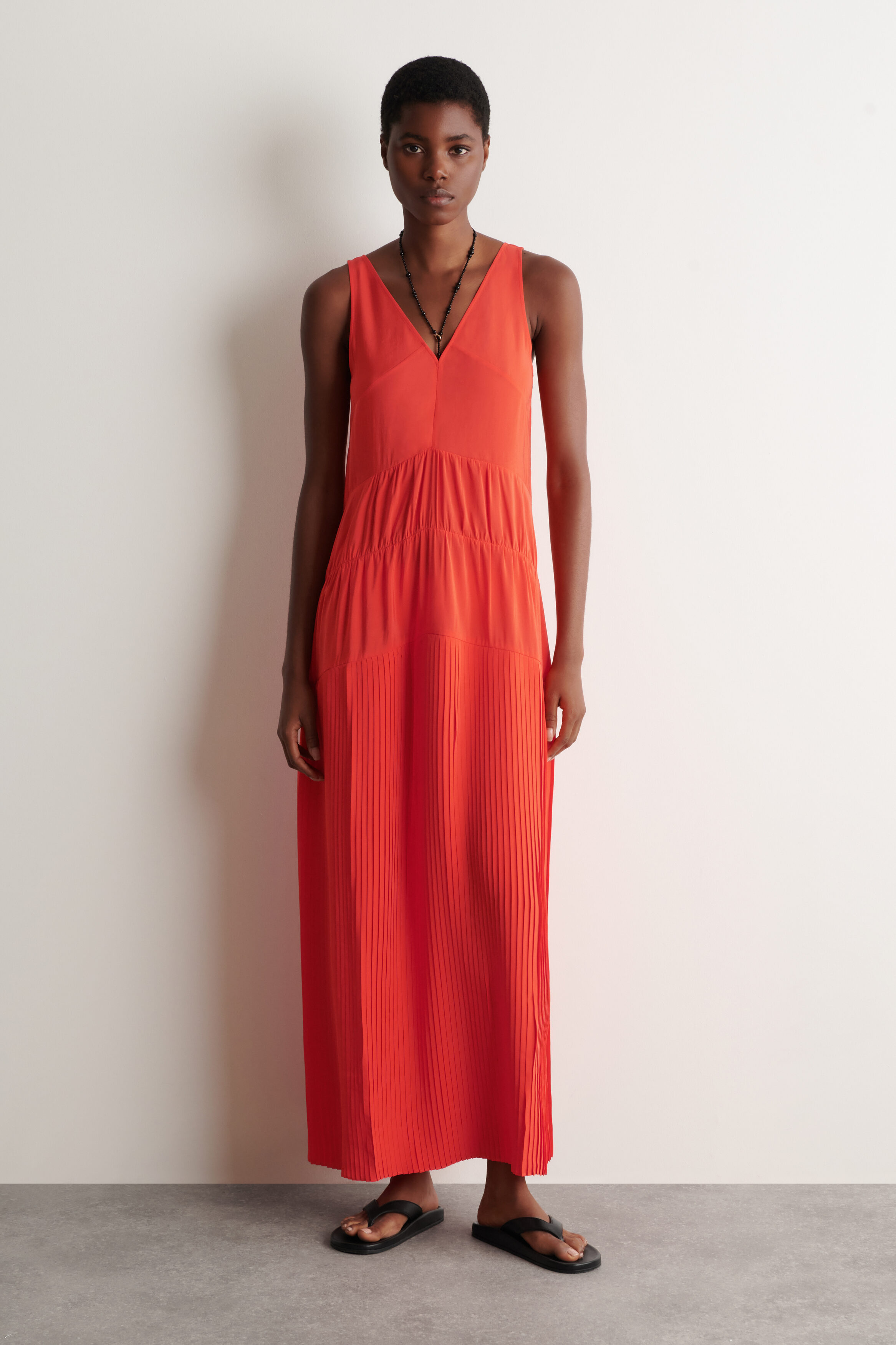 Gathered Pleated V-Neck Maxi Dress