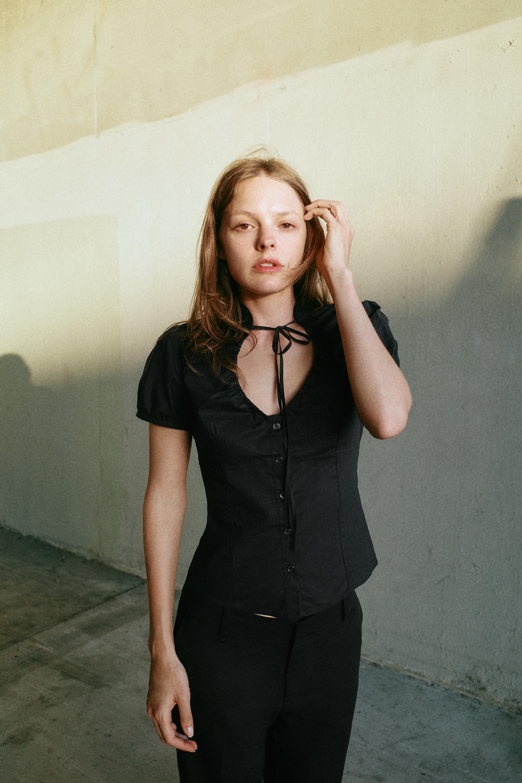 Tied Poplin Top - Black - Xs