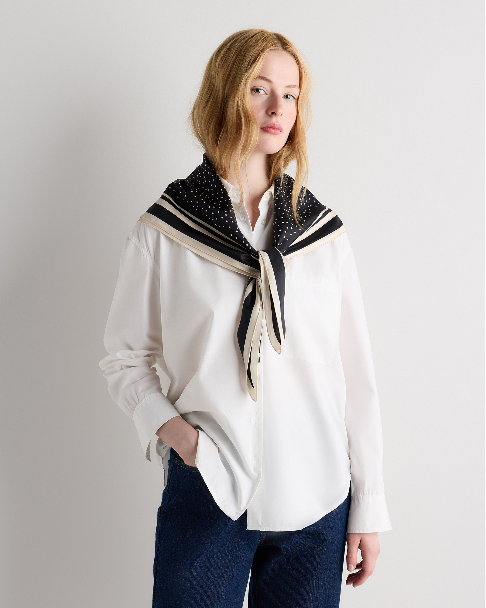 100% Silk Printed Square Scarf in Tiny Dot Black/ White