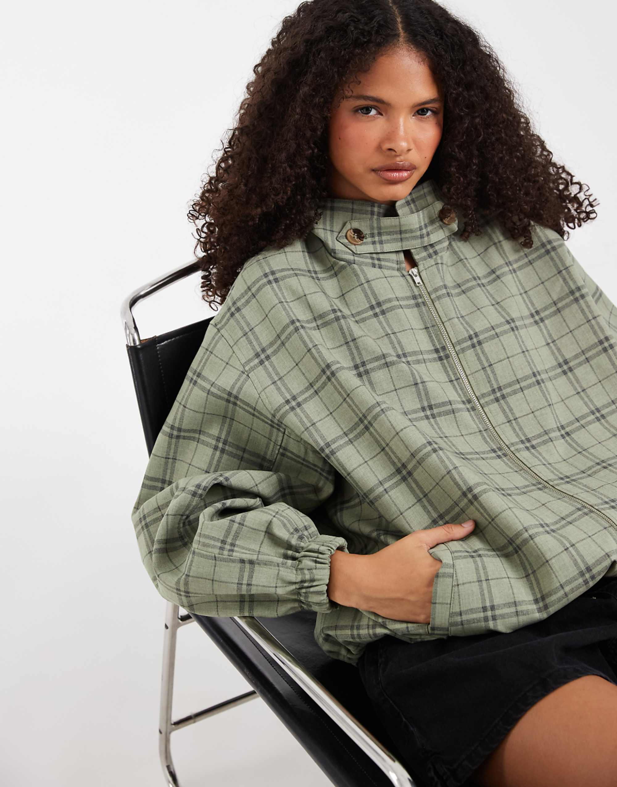 Asos Design Casual Harrington Jacket With Funnel Neck in Green Check