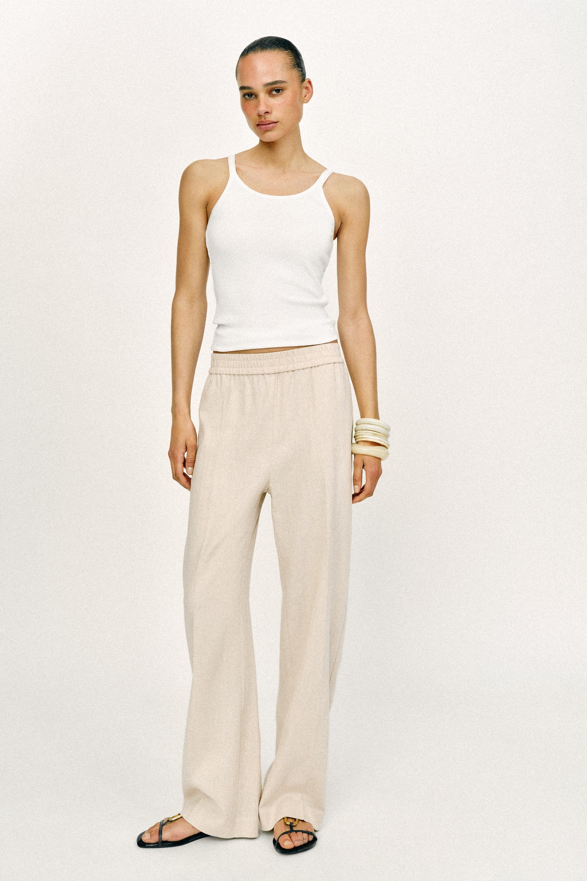 Straight Trousers With Linen - Light Beige - Xs