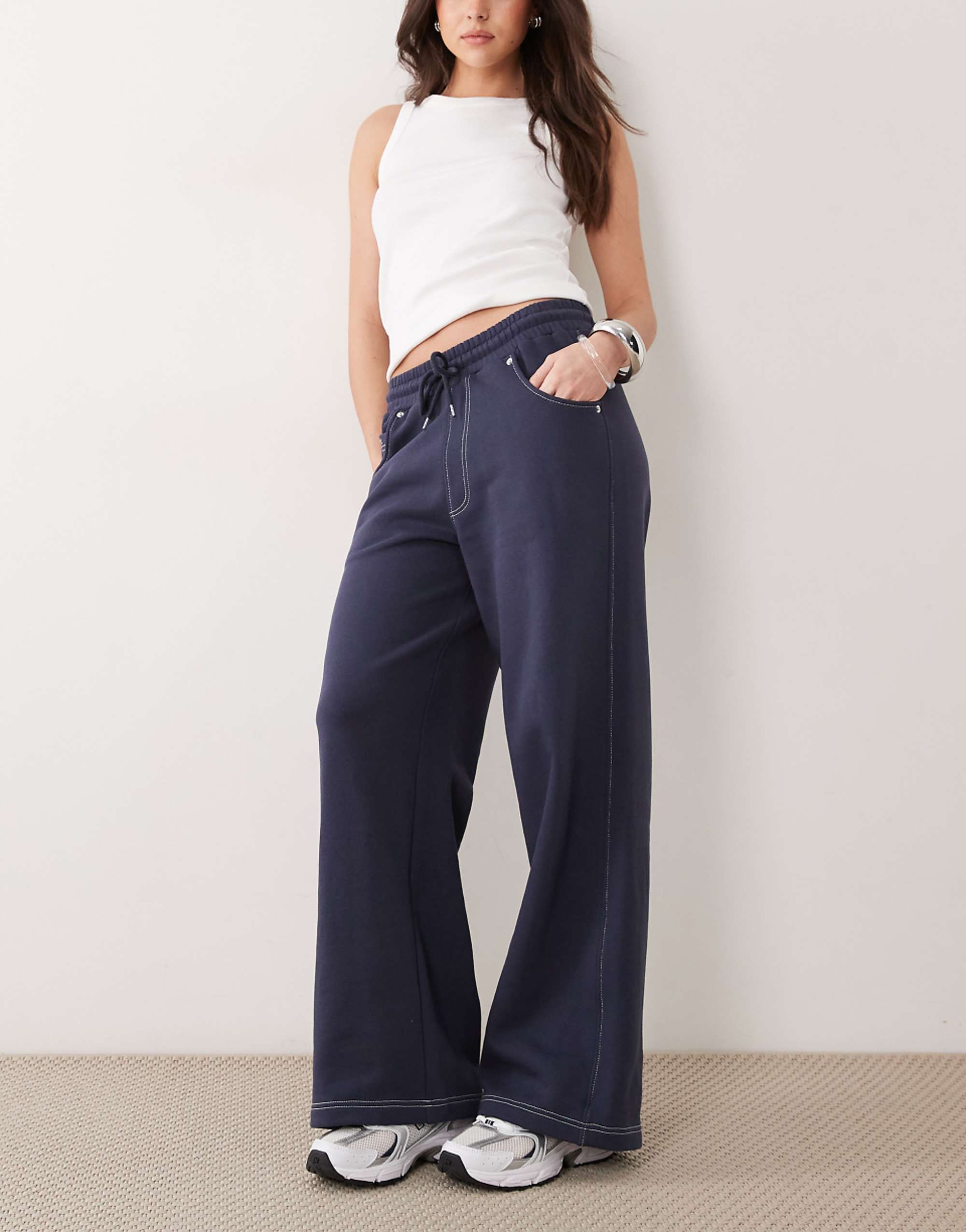 Asos Design Contrast Stitch Wide Leg Joggers in Navy