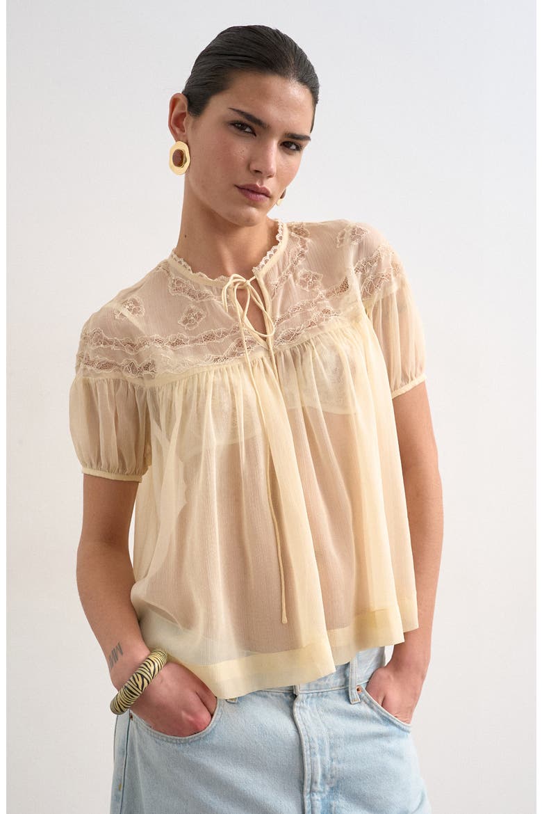 Sheer Tie Neck Lace Trim Top