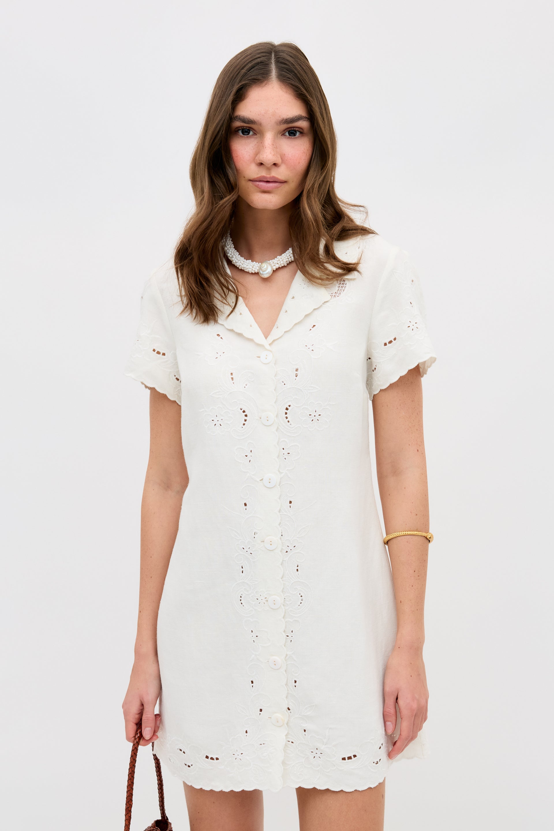 Zayanna Embroidered Mini Dress in White Esther Cutwork Embroidery Ivory