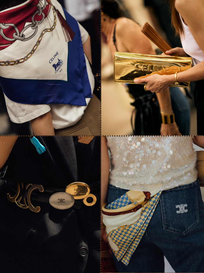 Images of Celine logos including a gold clutch, black and gold belt, dark blue jeans and red white and blue scarf.