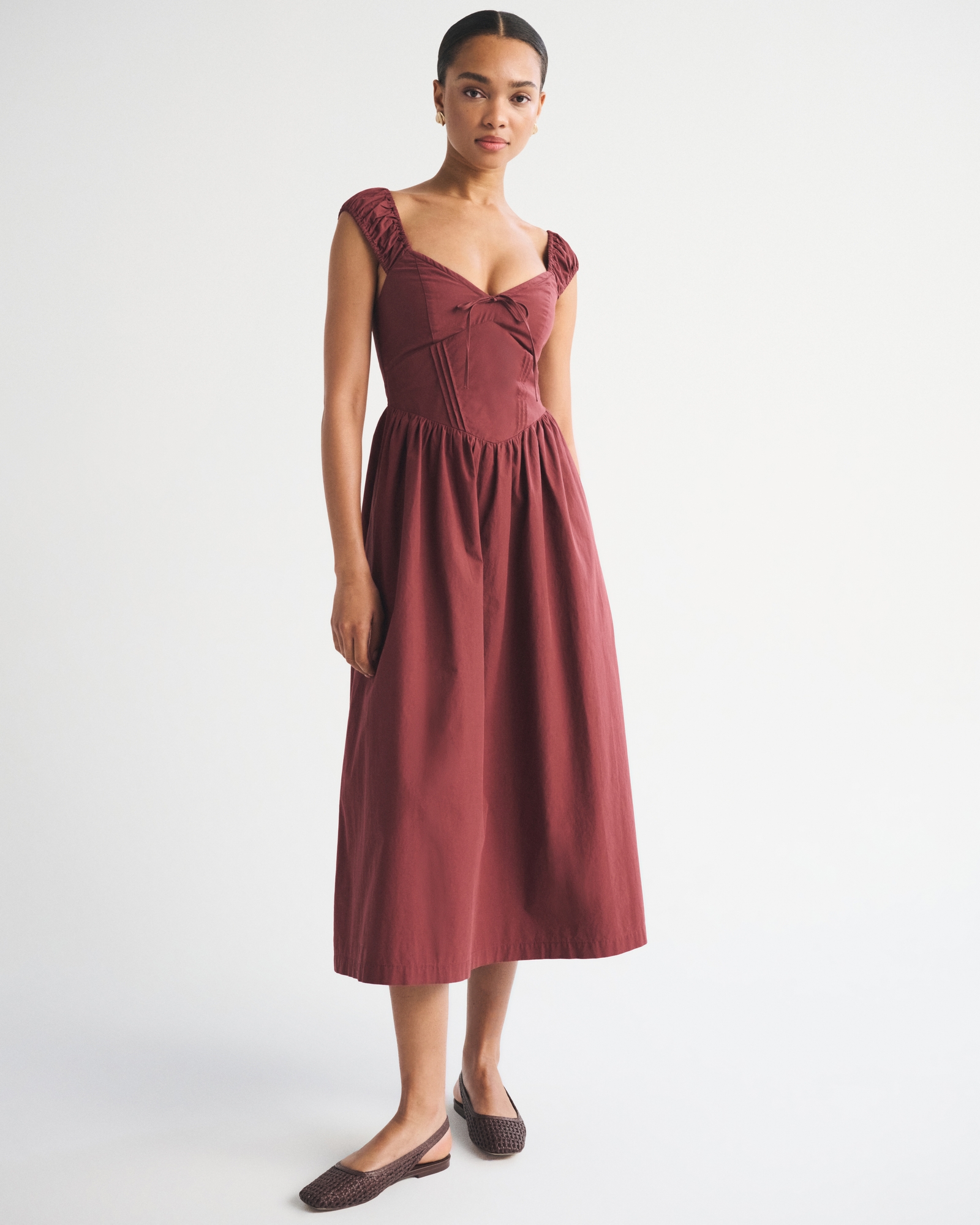 100% Cotton Bra-Free Cap Sleeve Dipped Waist Midi Dress