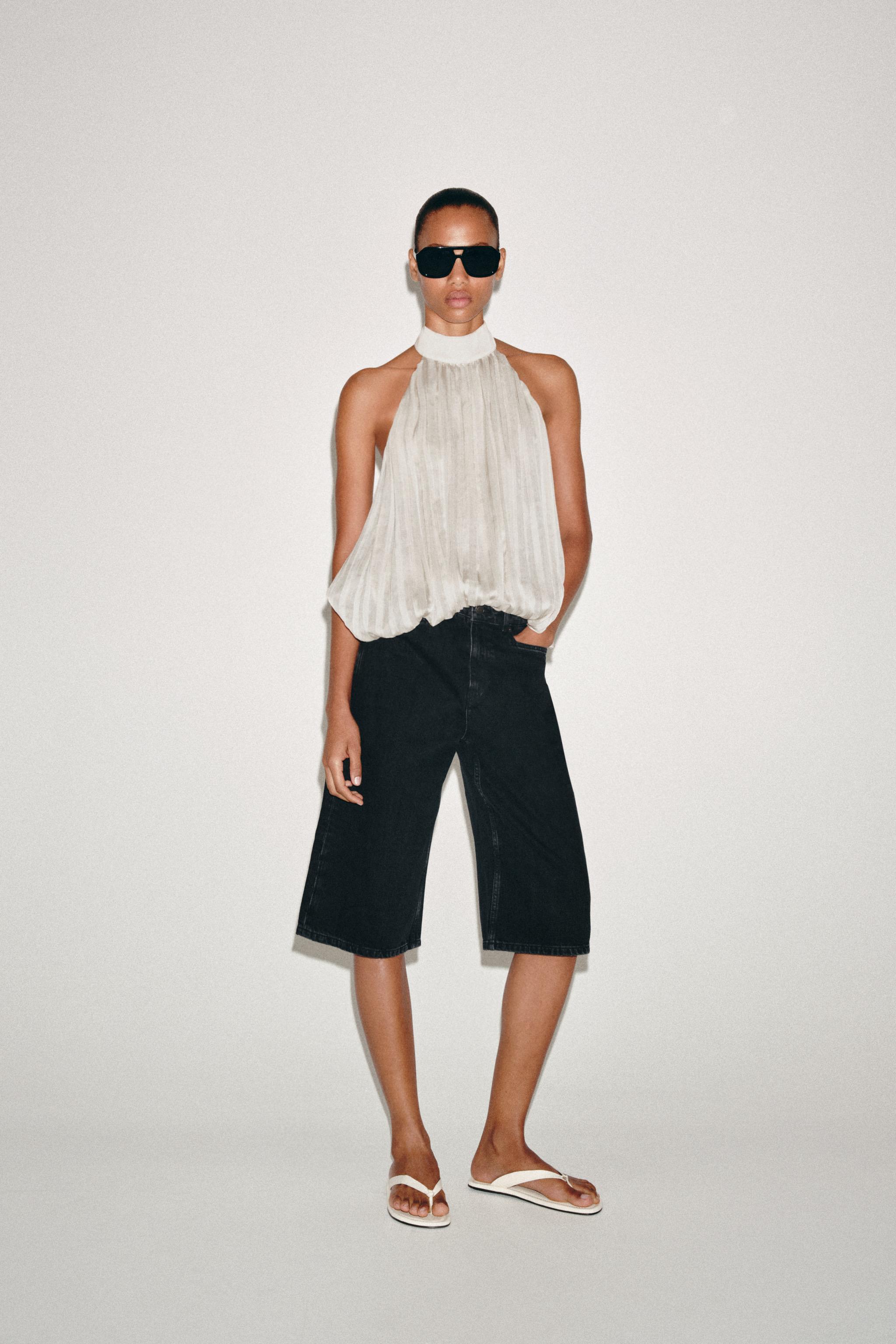 Zw Collection Mid-Waist Denim Bermuda Shorts - Black - 6