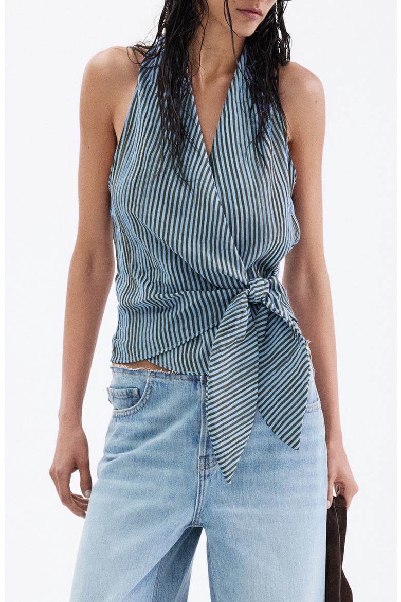 Striped Halter Top With Fixed Knot