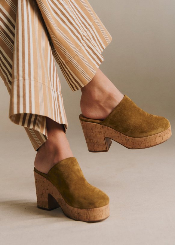 Callie High Mule - Taupe - Split Cowhide Leather - S&eacute;zane