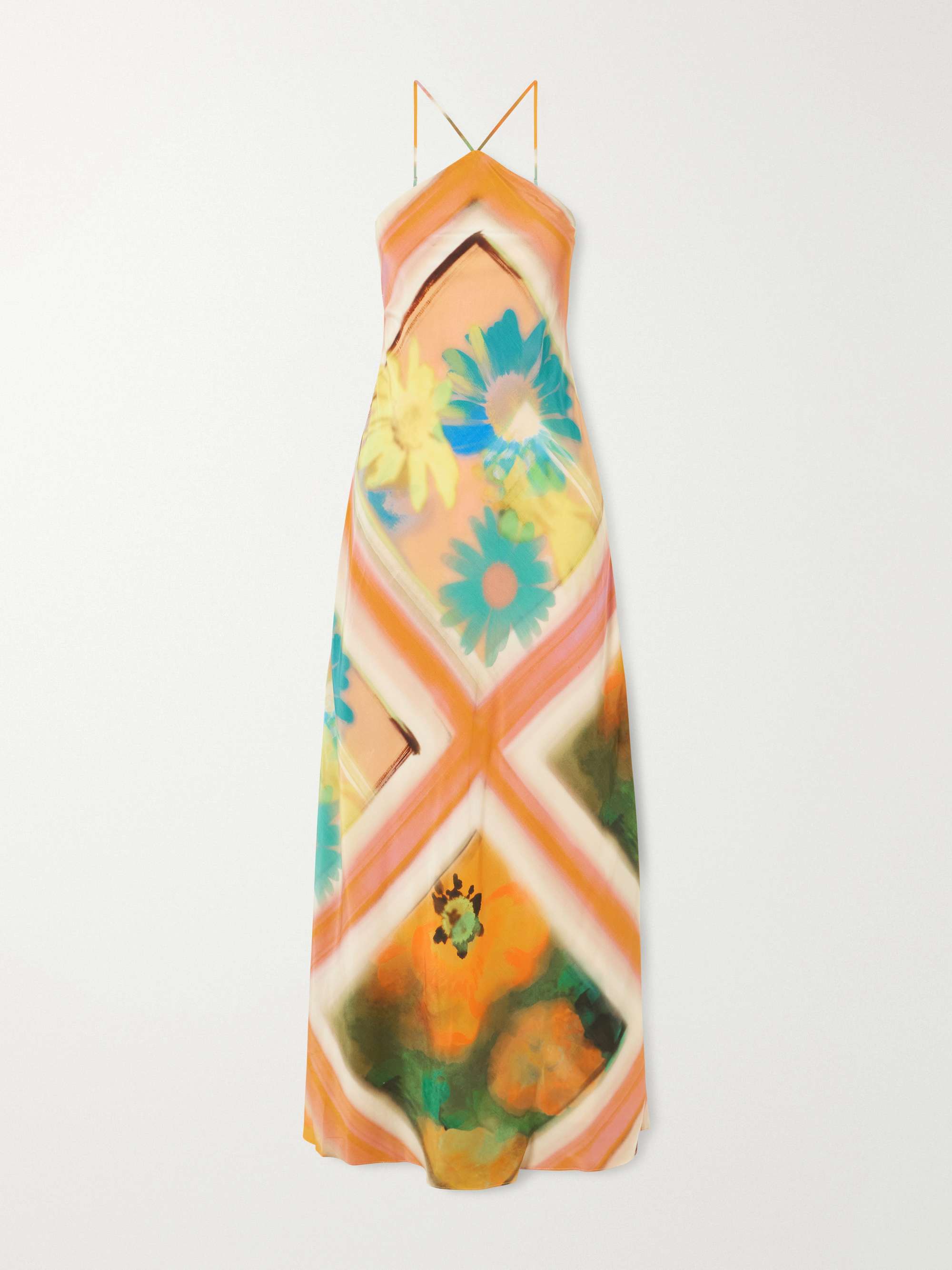 Cubism Striped Floral-Print Satin Maxi Dress