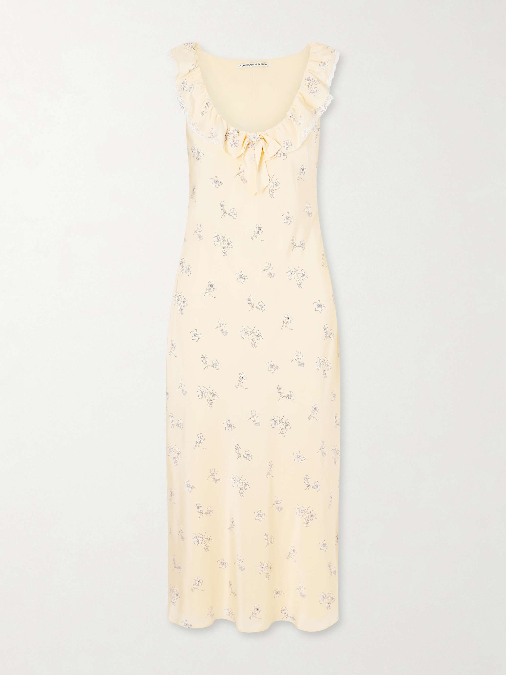 Floral-Print Lace-Trimmed Silk-Satin Midi Dress