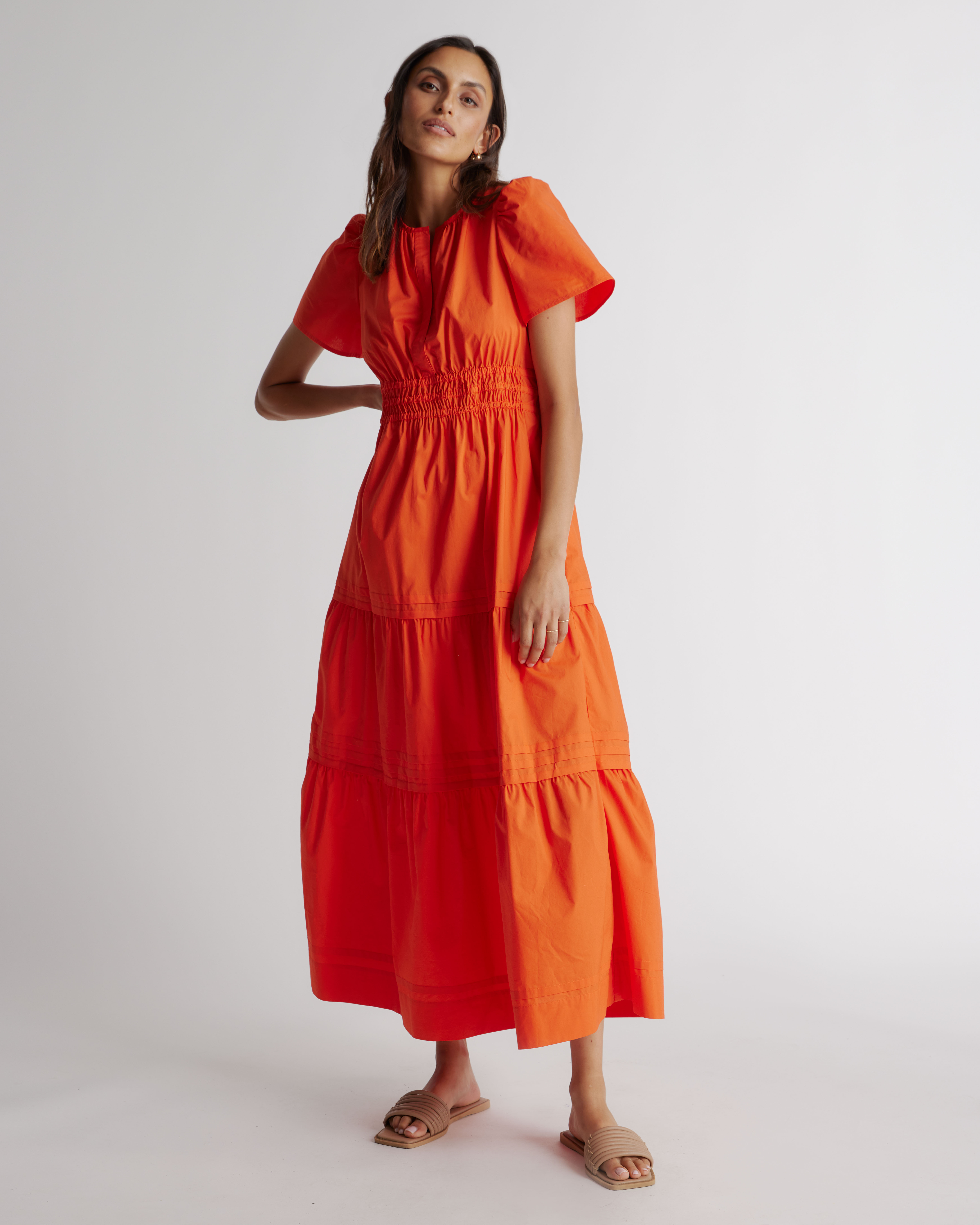 100% Organic Cotton Poplin Tiered Maxi Dress in Vermillion Red