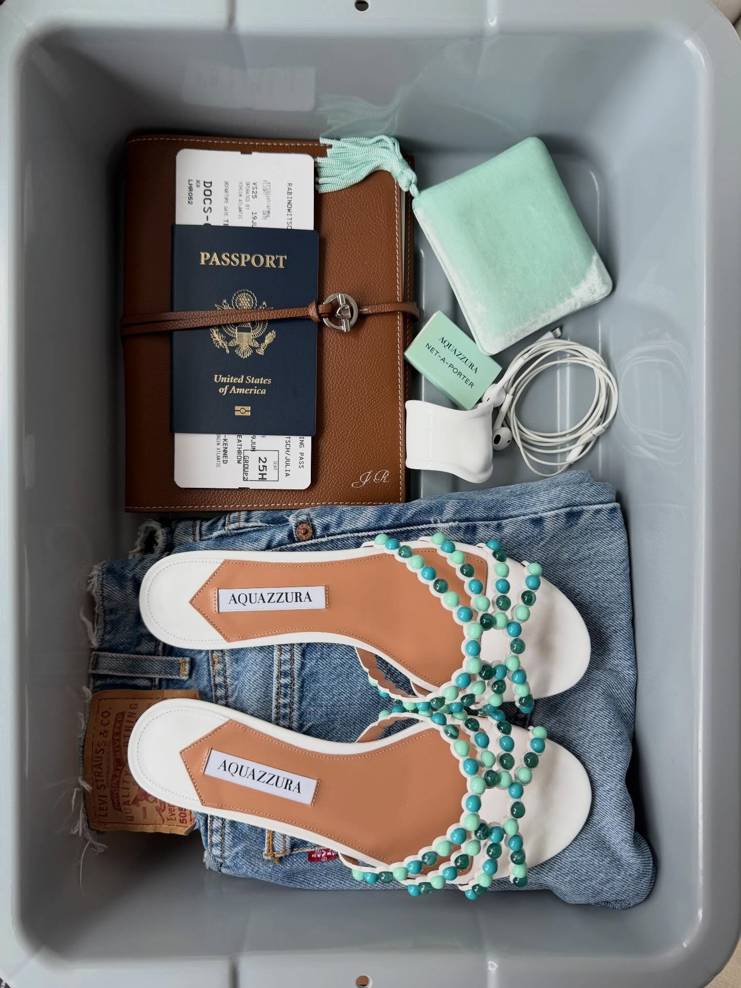 Jeweled sandals and other items in an airport security bin.