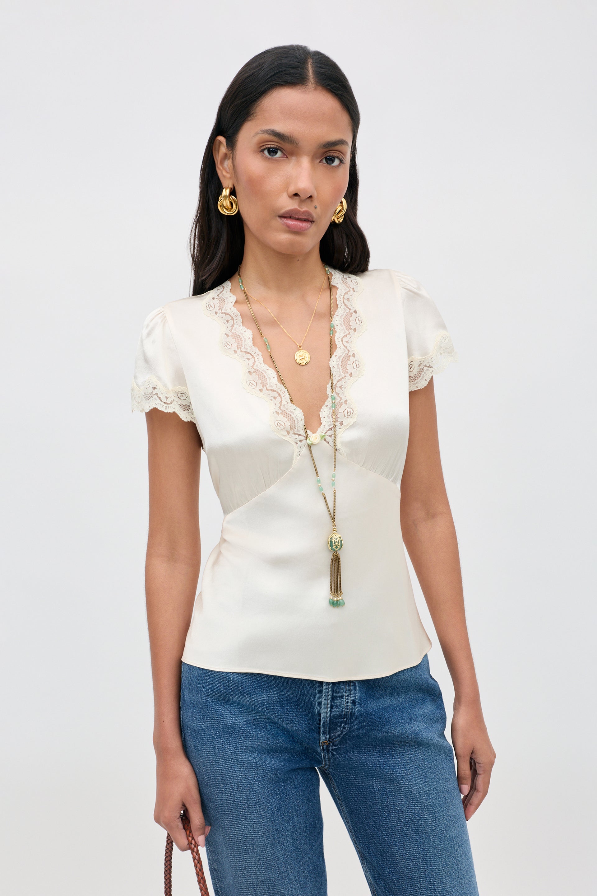 Karia Satin Top in Ivory Champagne