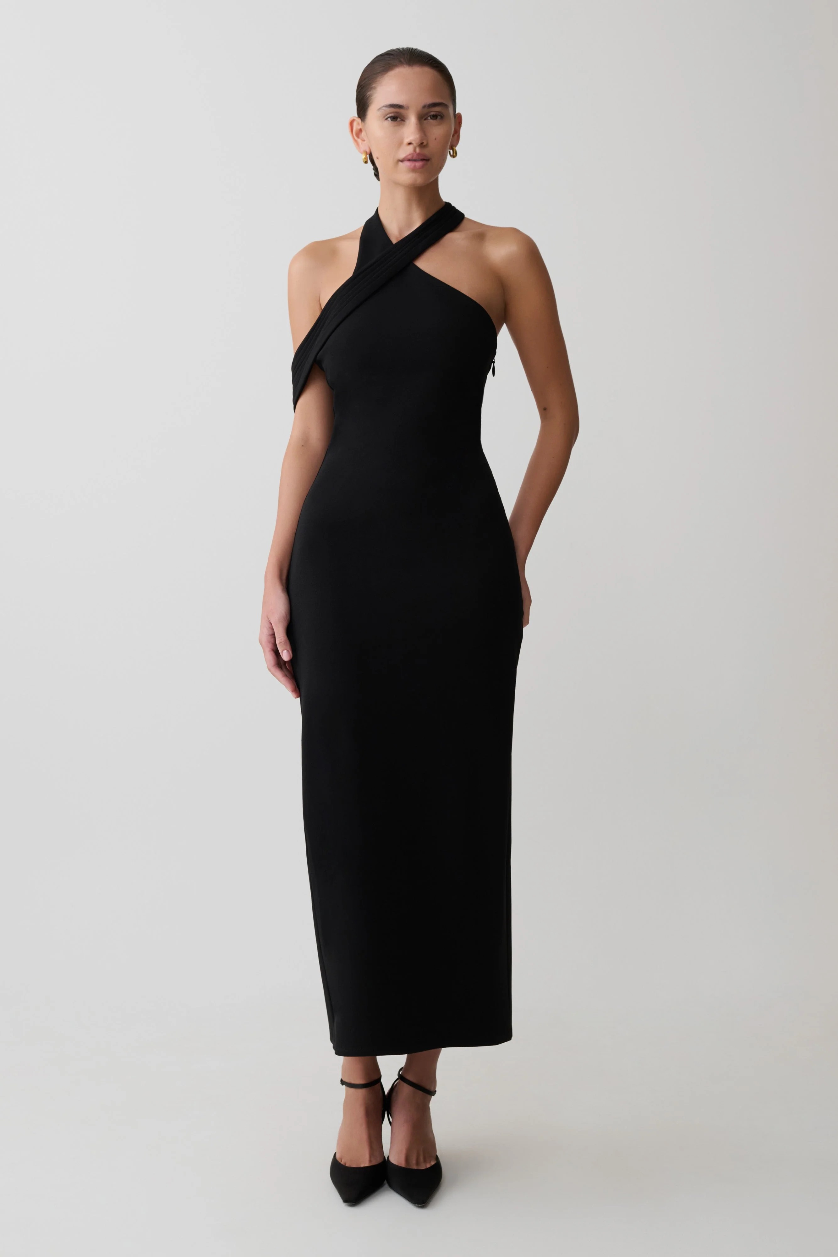 Meshki, Sable Crossover Crepe Midi Dress