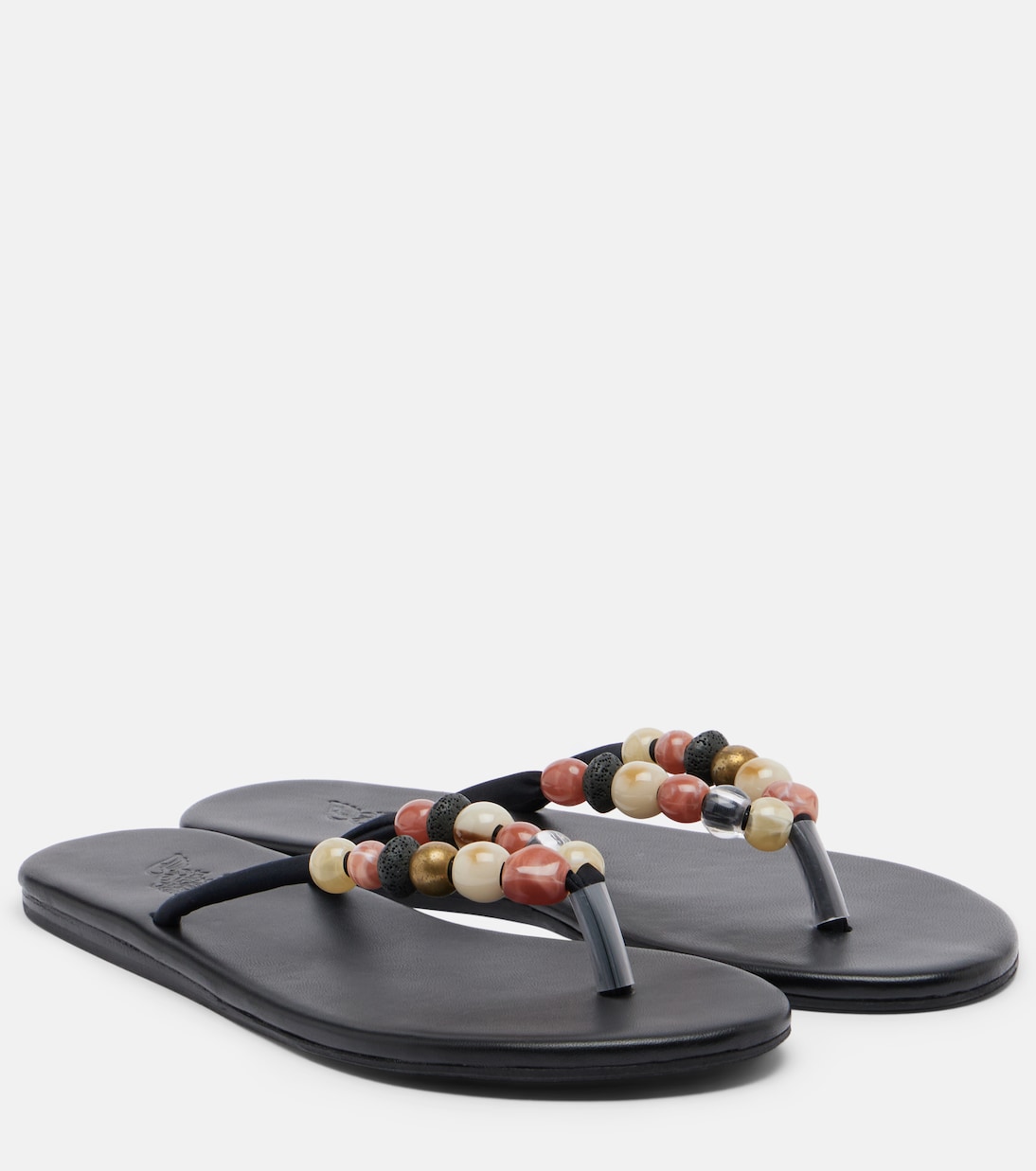 Saionara Beaded Leather Thong Sandals  in Black - Ancient Greek Sandals